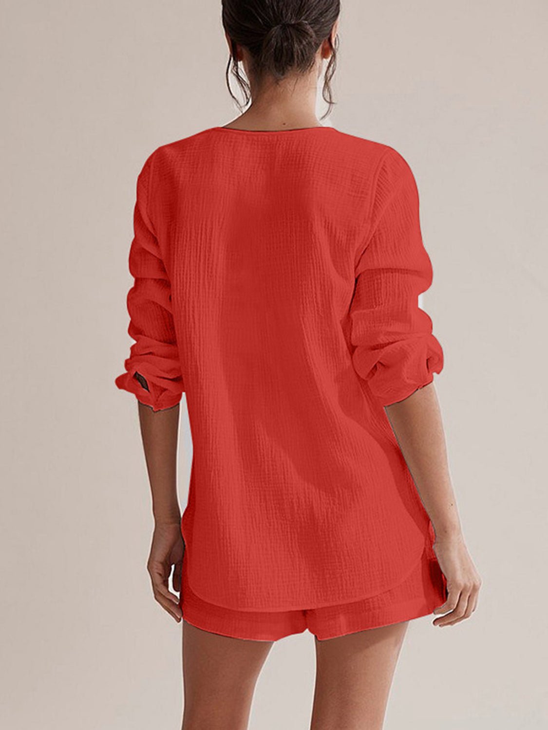 Notched Long Sleeve Top and Shorts Set - Flip Flop Dynasty