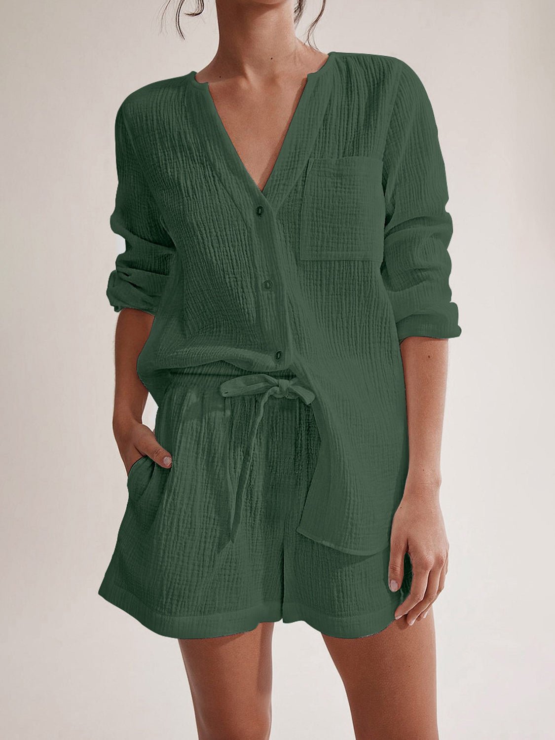 Notched Long Sleeve Top and Shorts Set - Flip Flop Dynasty