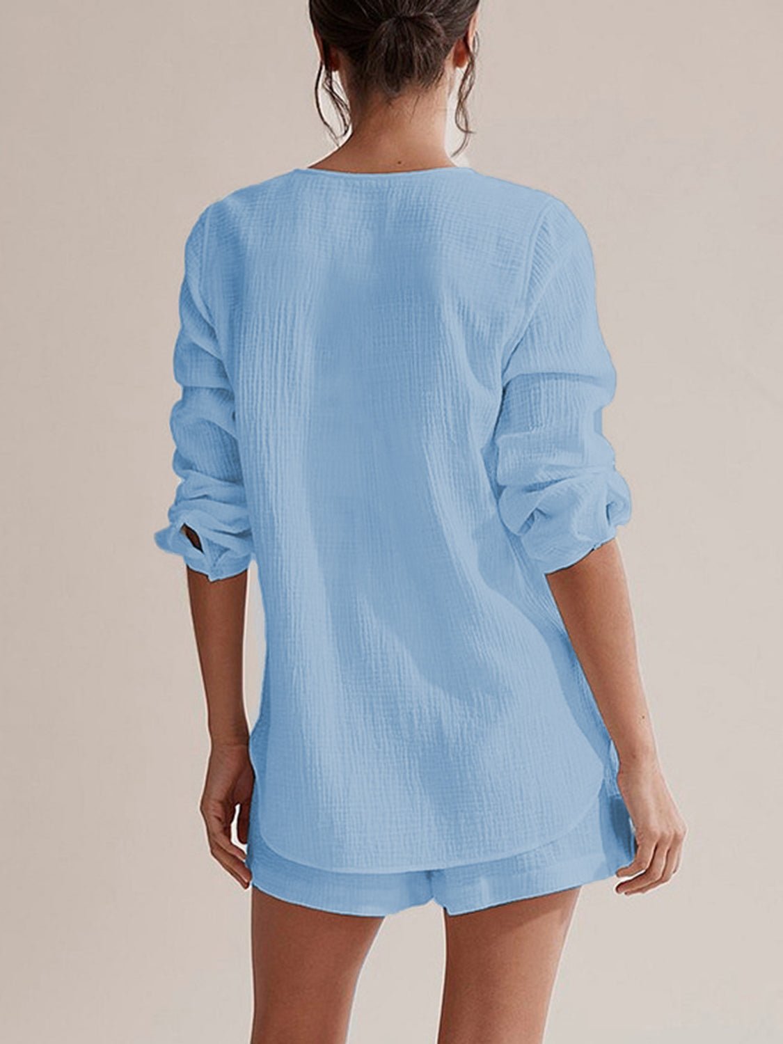 Notched Long Sleeve Top and Shorts Set - Flip Flop Dynasty