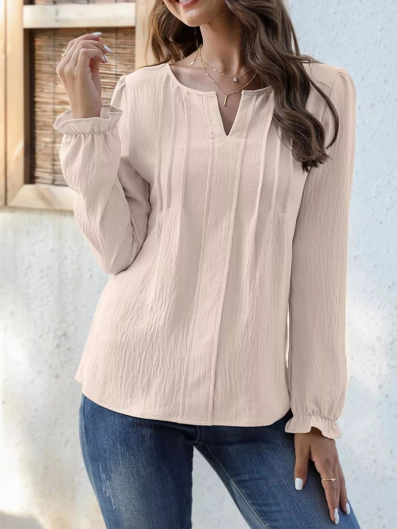 Notched Ruffle Cuff Blouse - Flip Flop Dynasty