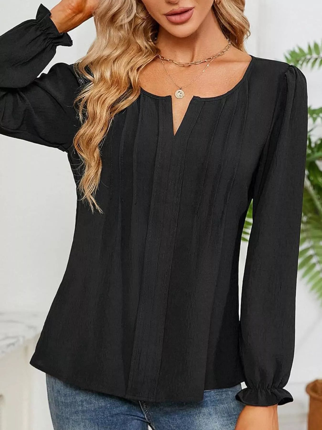 Notched Ruffle Cuff Blouse - Flip Flop Dynasty
