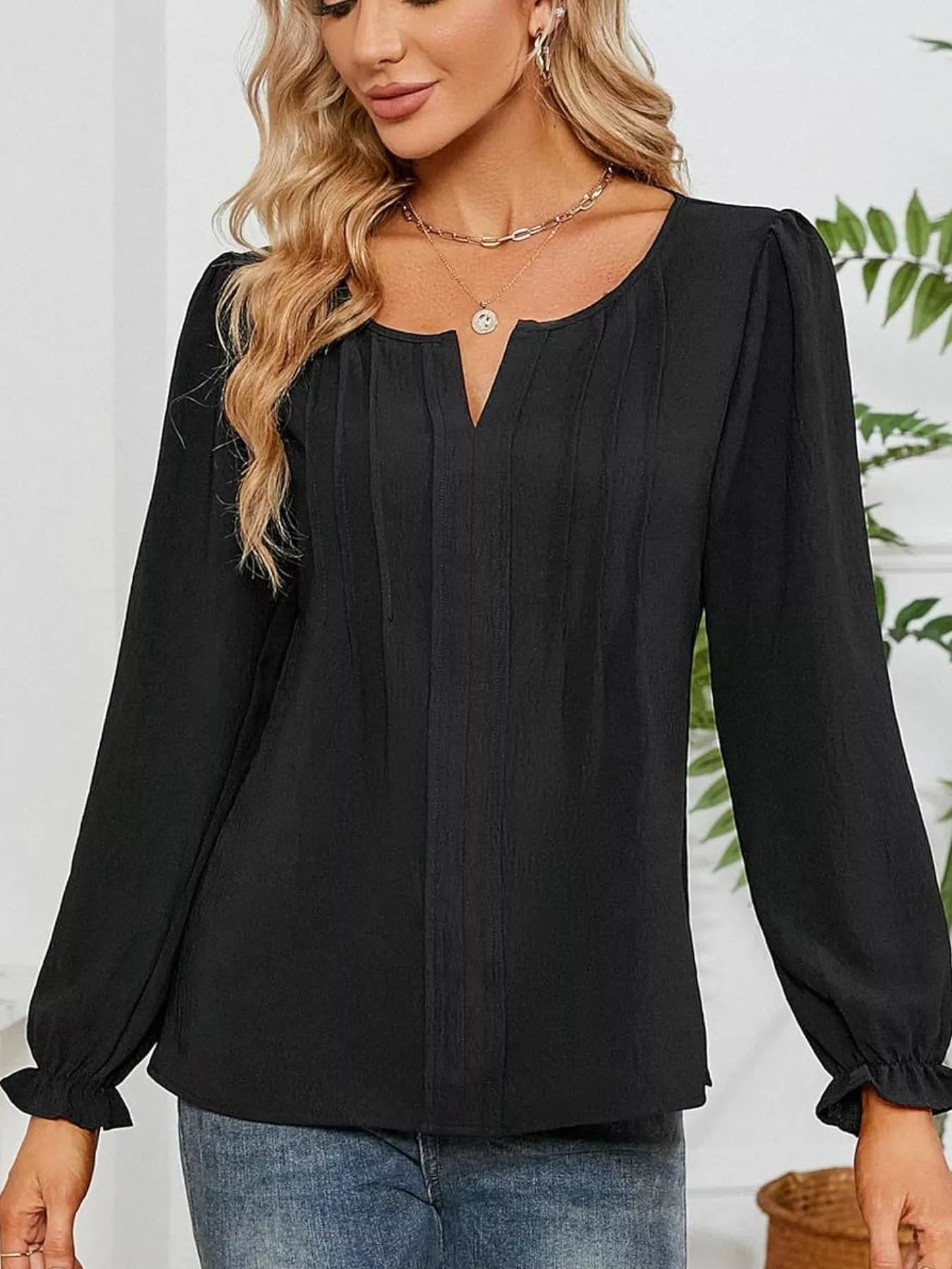 Notched Ruffle Cuff Blouse - Flip Flop Dynasty