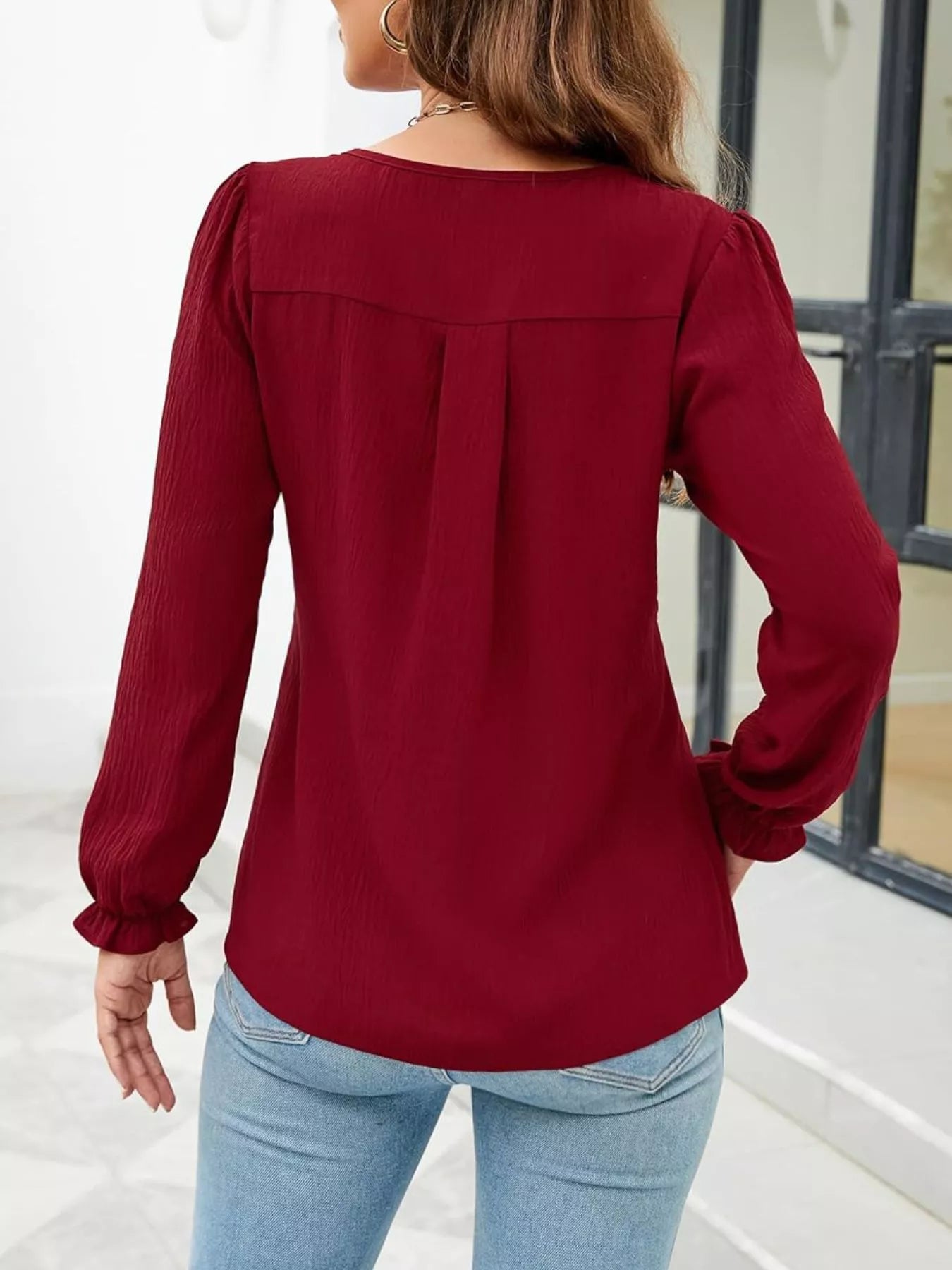 Notched Ruffle Cuff Blouse - Flip Flop Dynasty