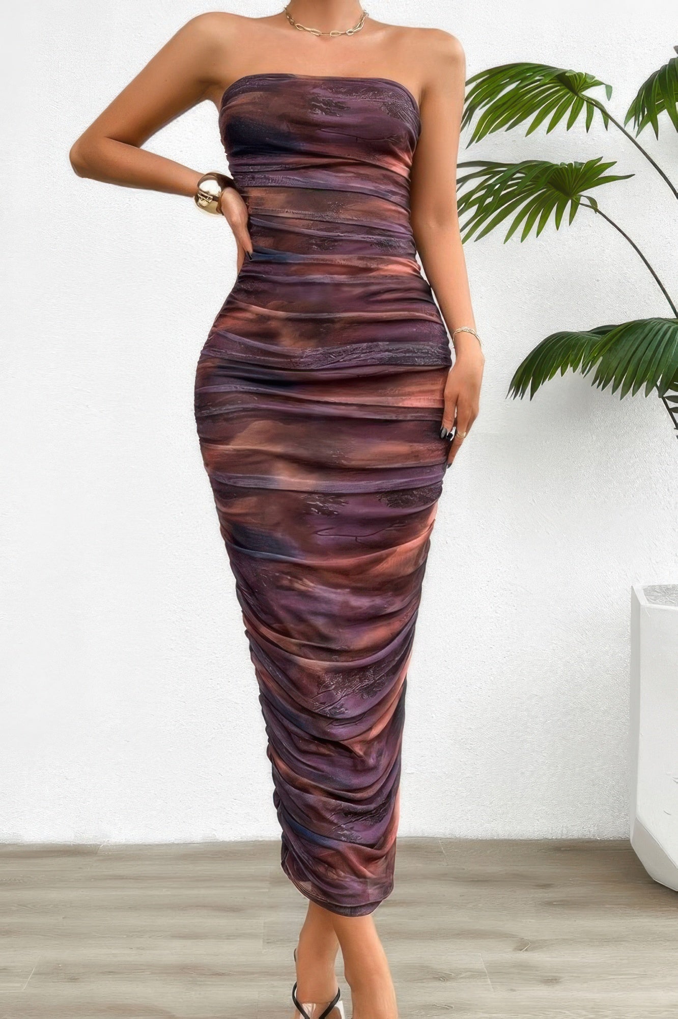 Off Shoulder Allover Print Pleated Bodycon Dress - Flip Flop Dynasty