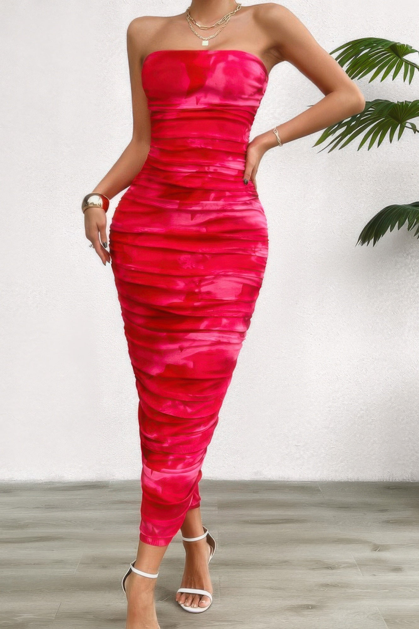 Off Shoulder Allover Print Pleated Bodycon Dress - Flip Flop Dynasty