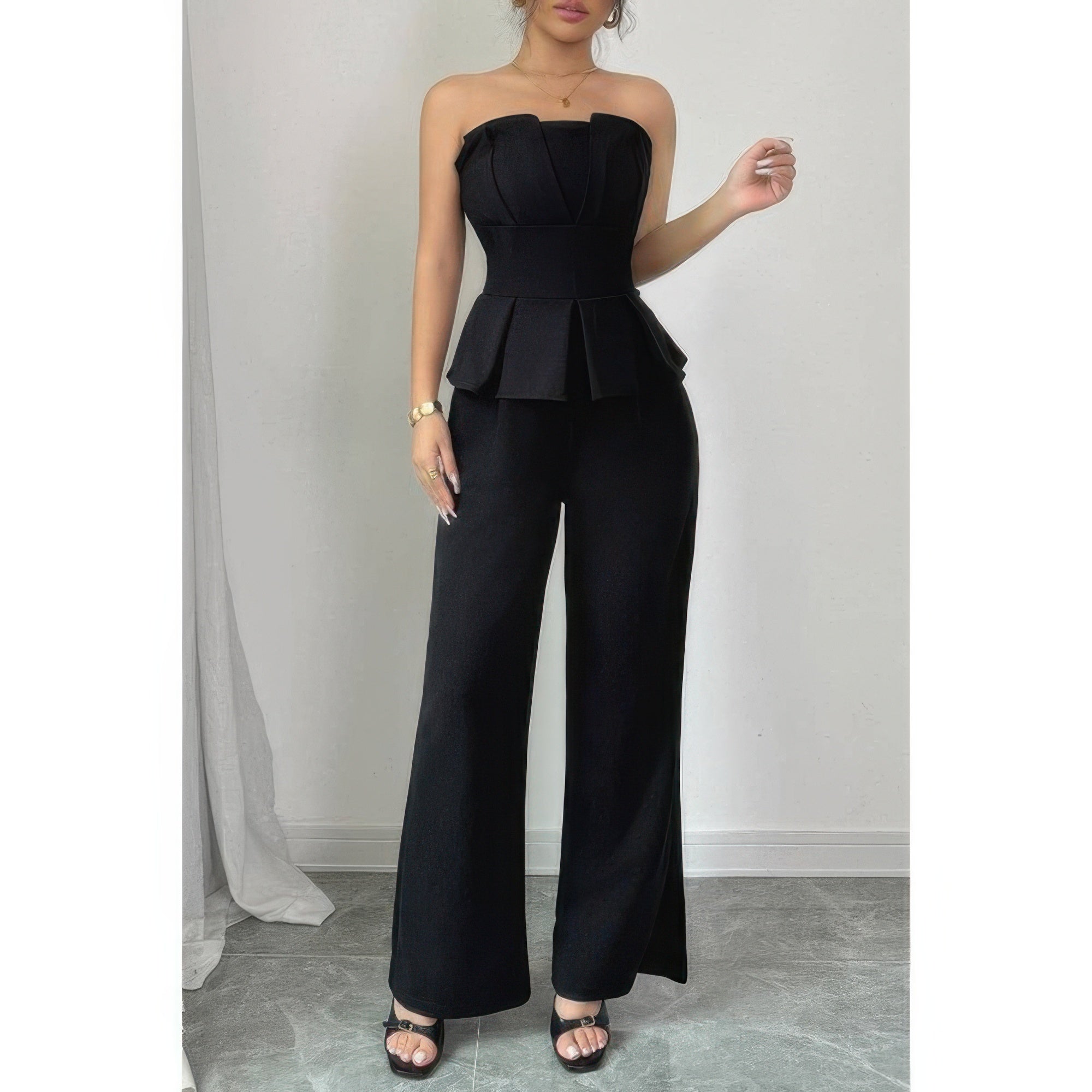 Off Shoulder Back Hide Zipper Pleated Fit Jumpsuit - Flip Flop Dynasty