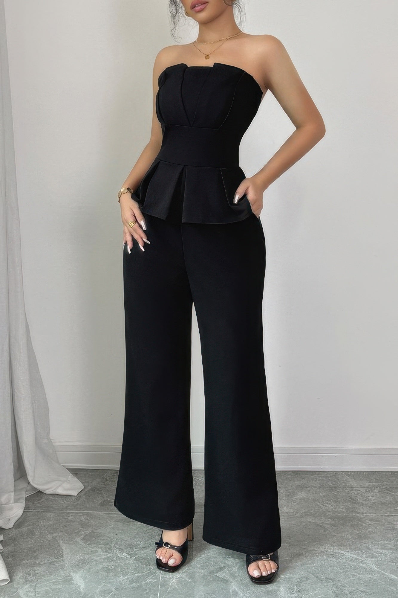 Off Shoulder Back Hide Zipper Pleated Fit Jumpsuit - Flip Flop Dynasty