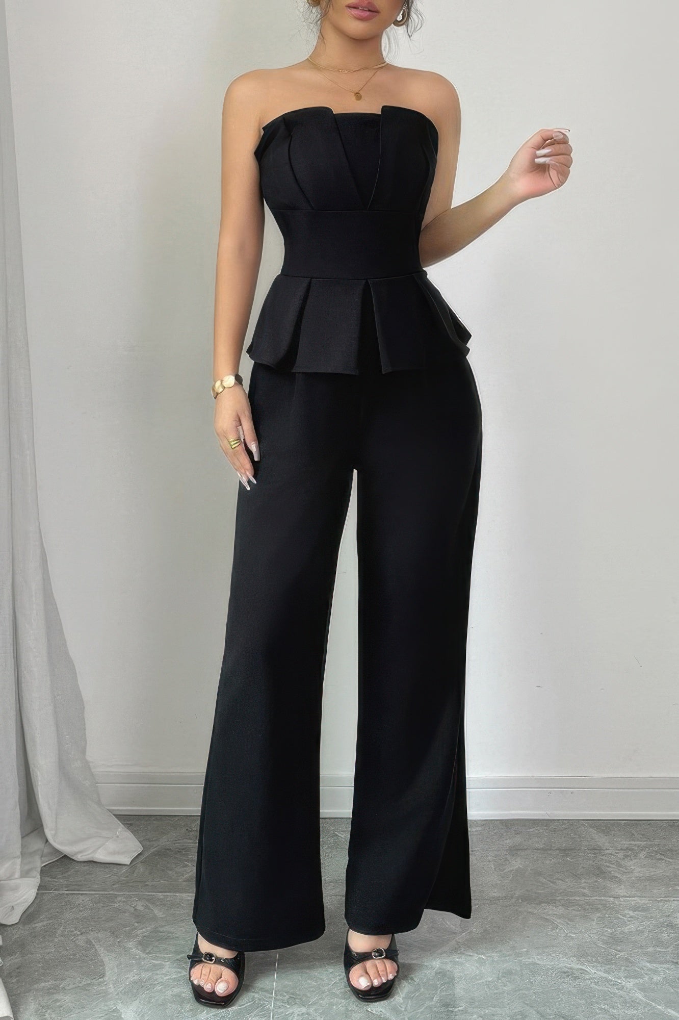 Off Shoulder Back Hide Zipper Pleated Fit Jumpsuit - Flip Flop Dynasty