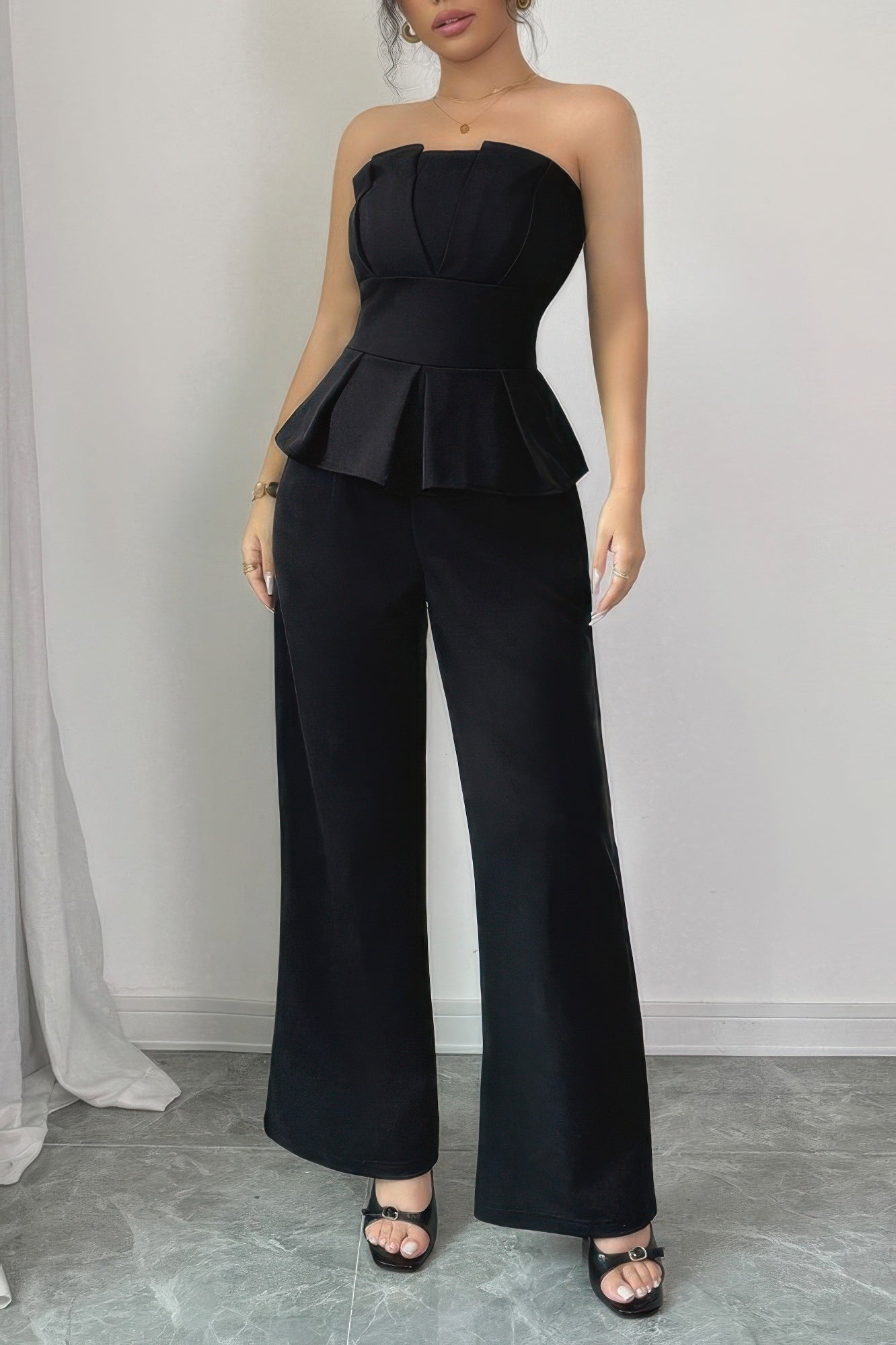 Off Shoulder Back Hide Zipper Pleated Fit Jumpsuit - Flip Flop Dynasty