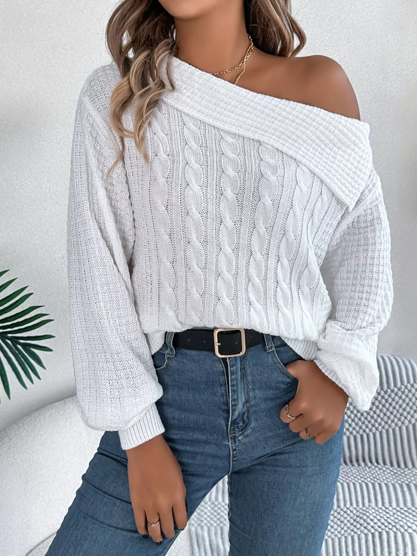 Off - Shoulder Cable Knit Sweater - Flip Flop Dynasty