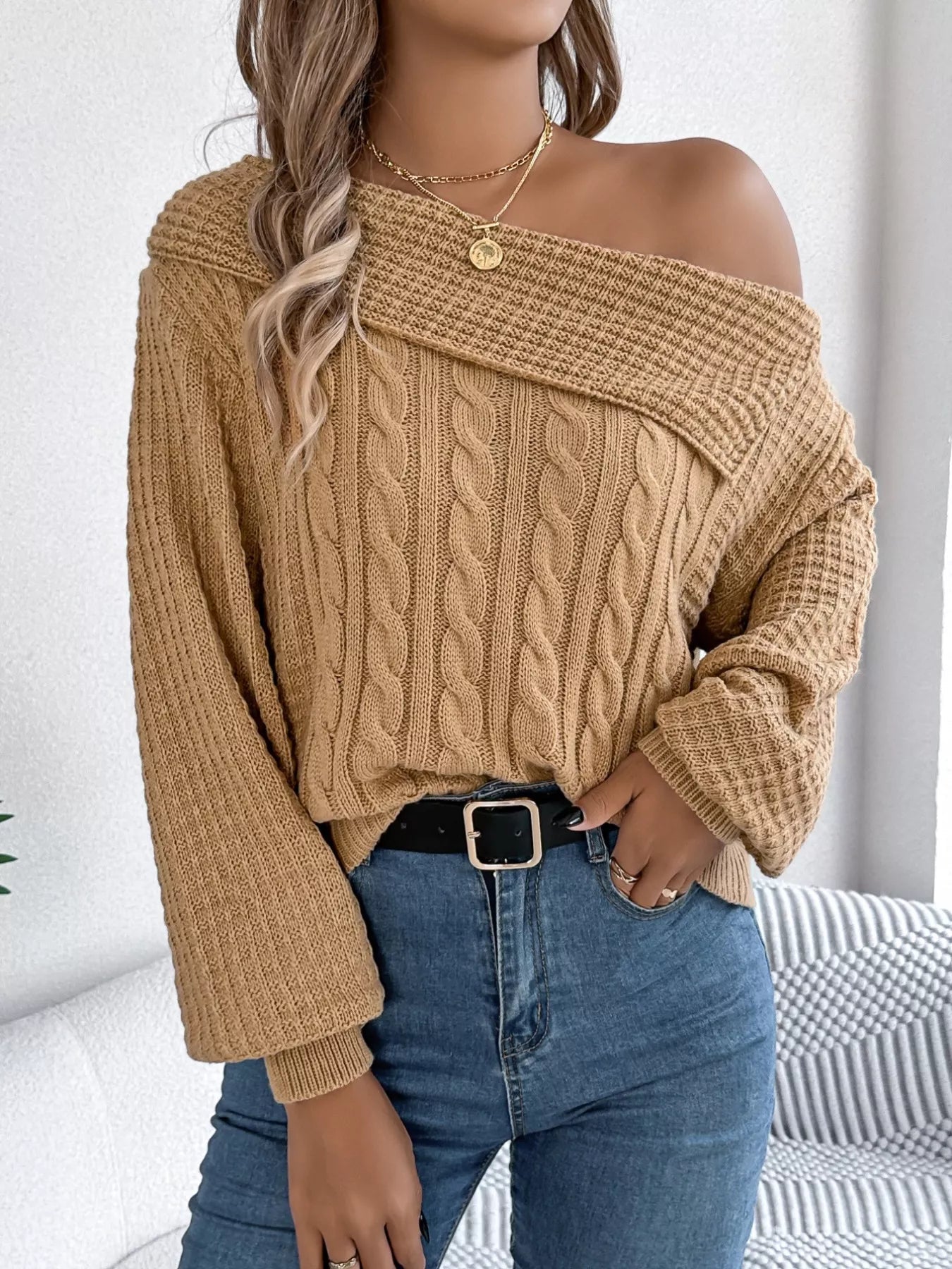 Off - Shoulder Cable Knit Sweater - Flip Flop Dynasty