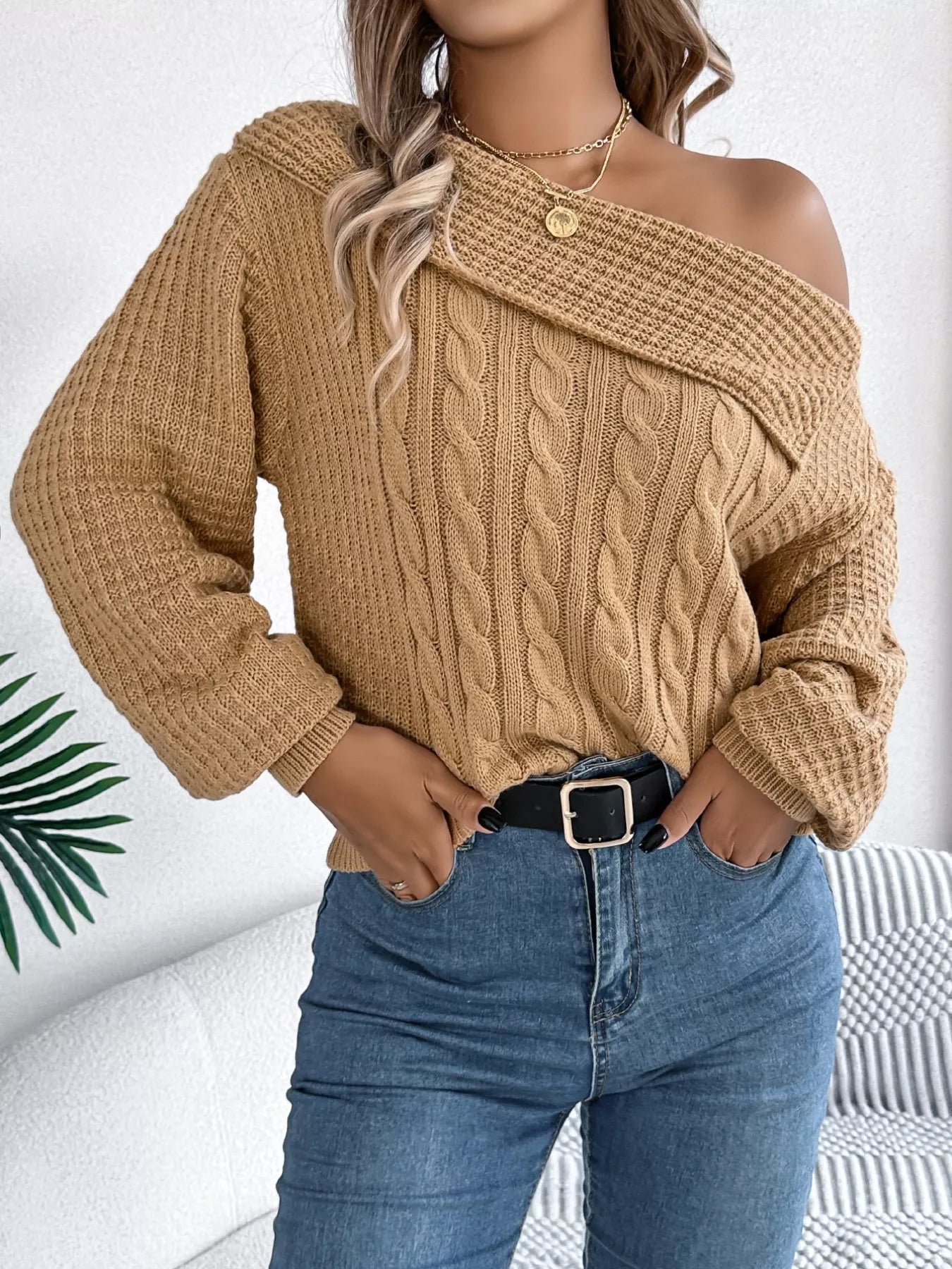 Off - Shoulder Cable Knit Sweater - Flip Flop Dynasty