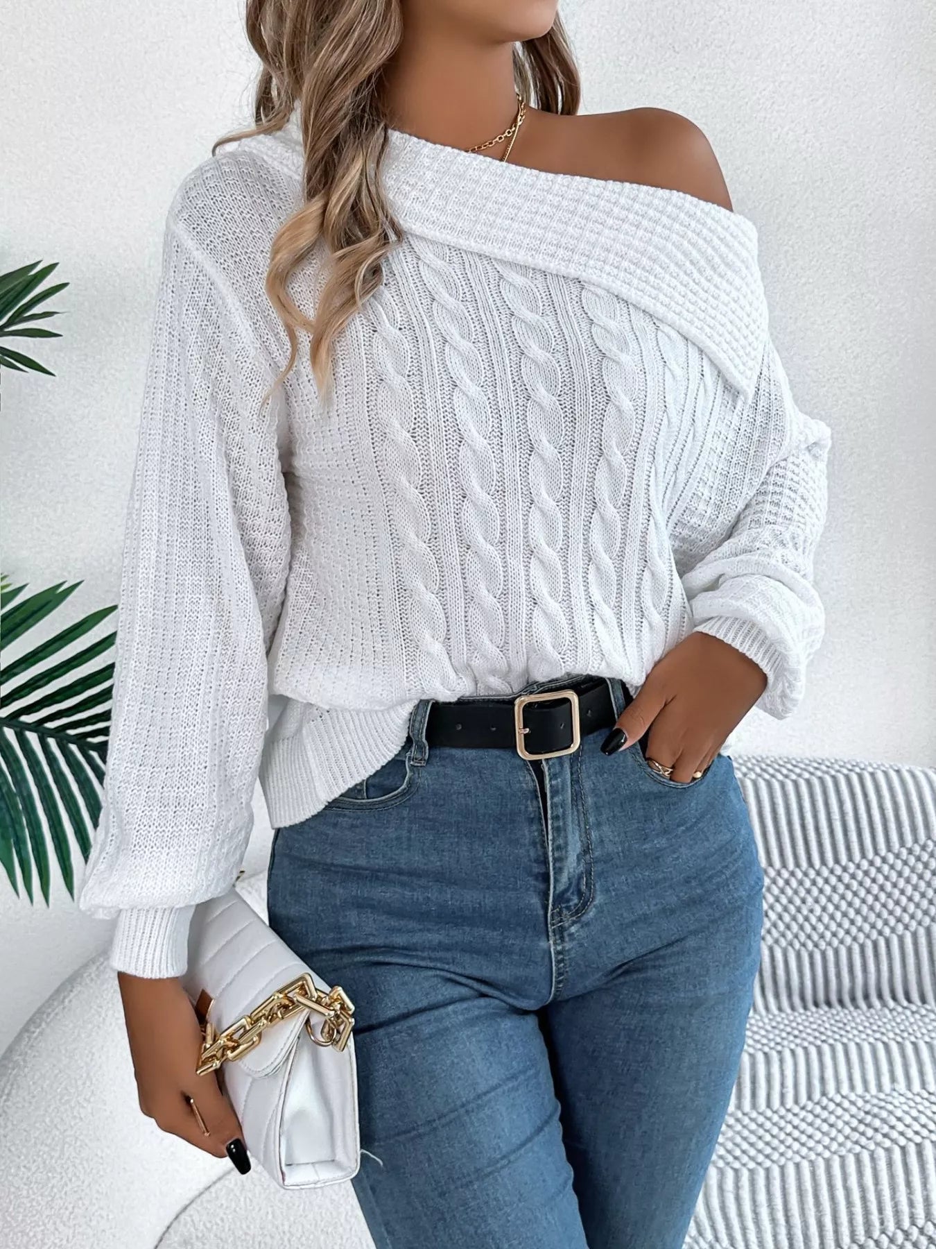Off - Shoulder Cable Knit Sweater - Flip Flop Dynasty