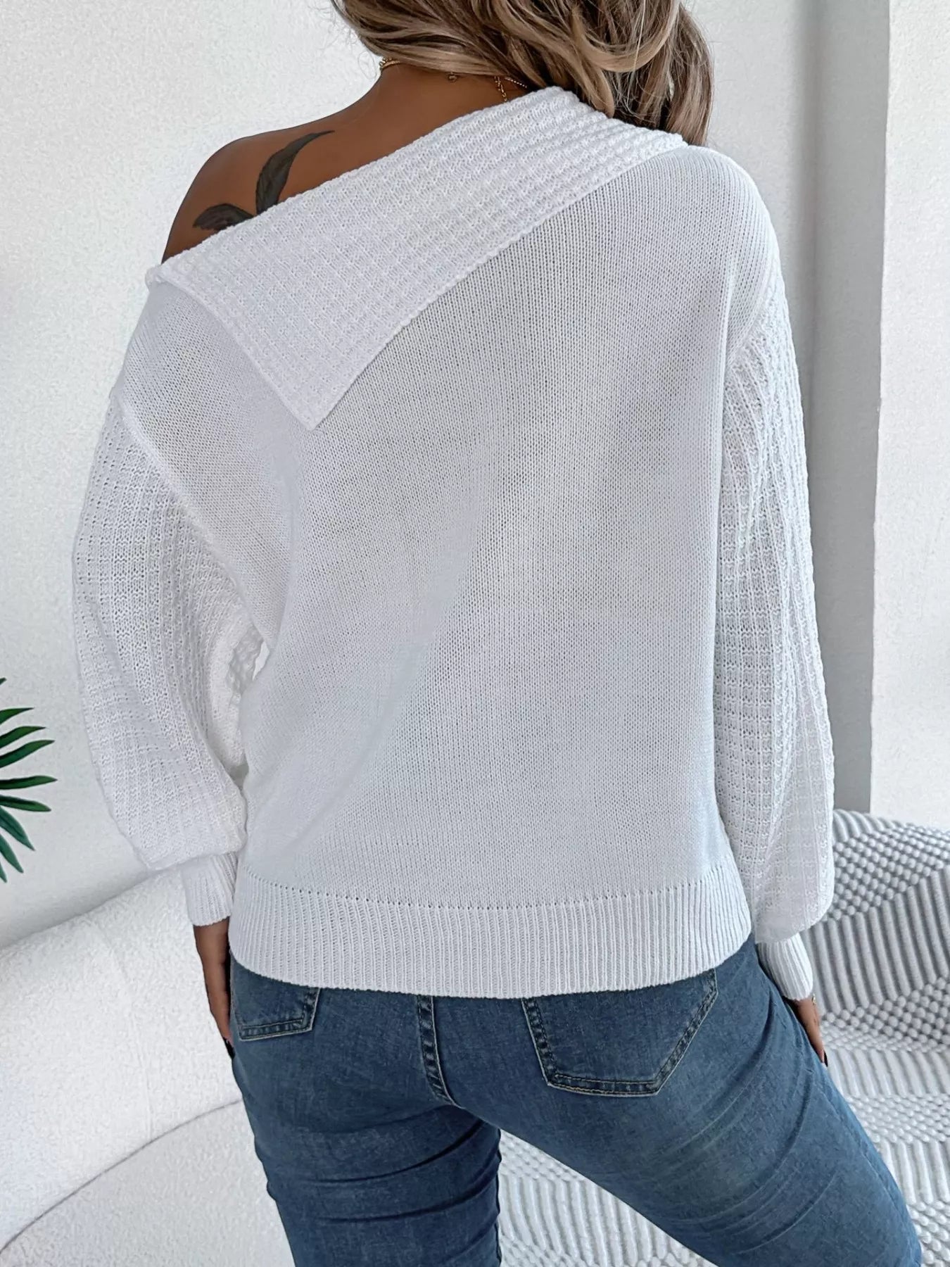 Off - Shoulder Cable Knit Sweater - Flip Flop Dynasty