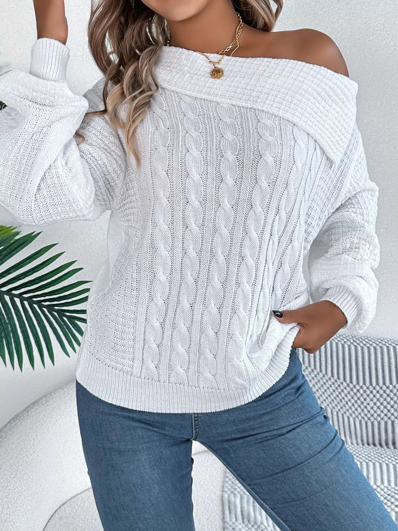 Off - Shoulder Cable Knit Sweater - Flip Flop Dynasty
