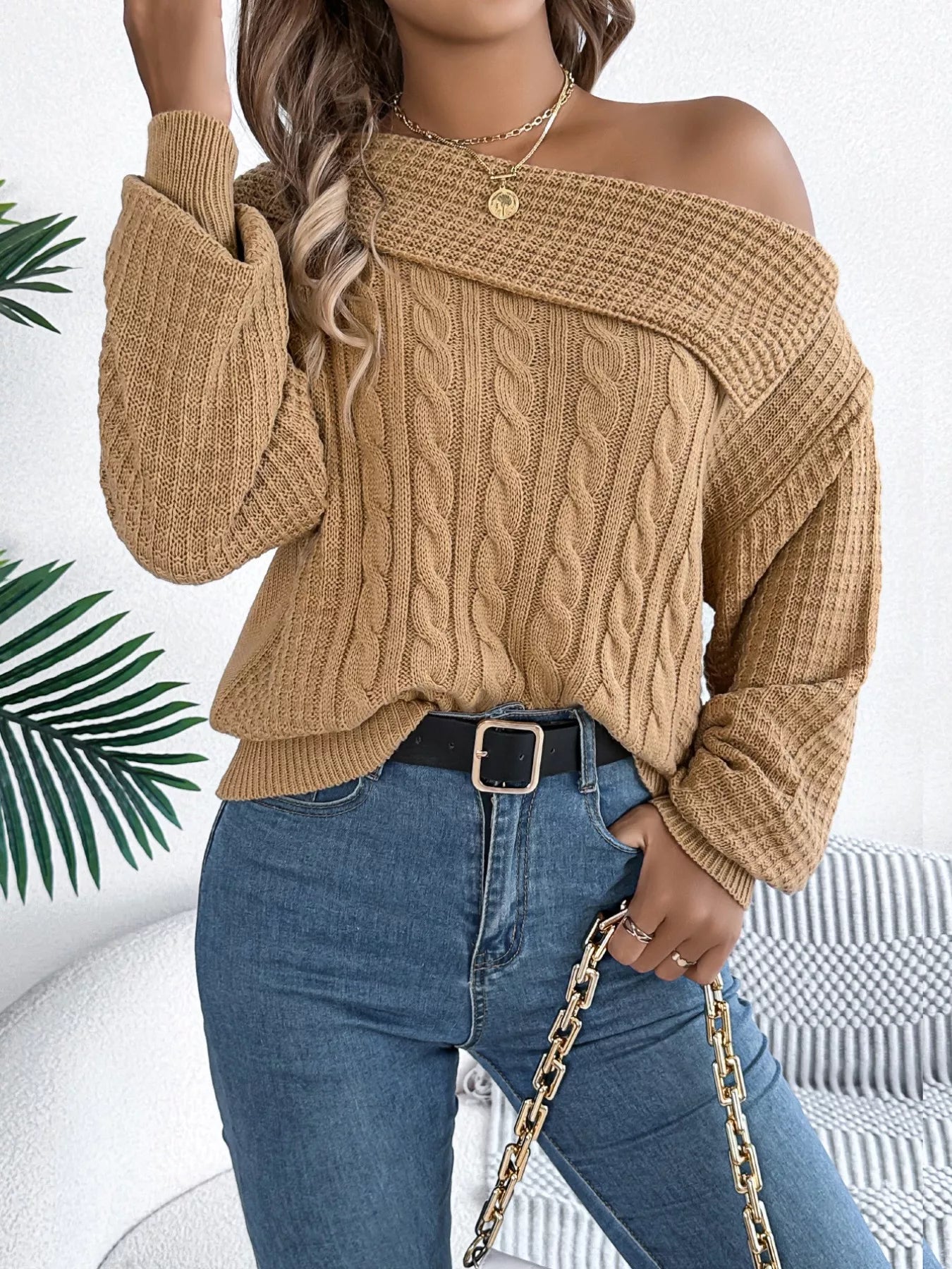 Off - Shoulder Cable Knit Sweater - Flip Flop Dynasty