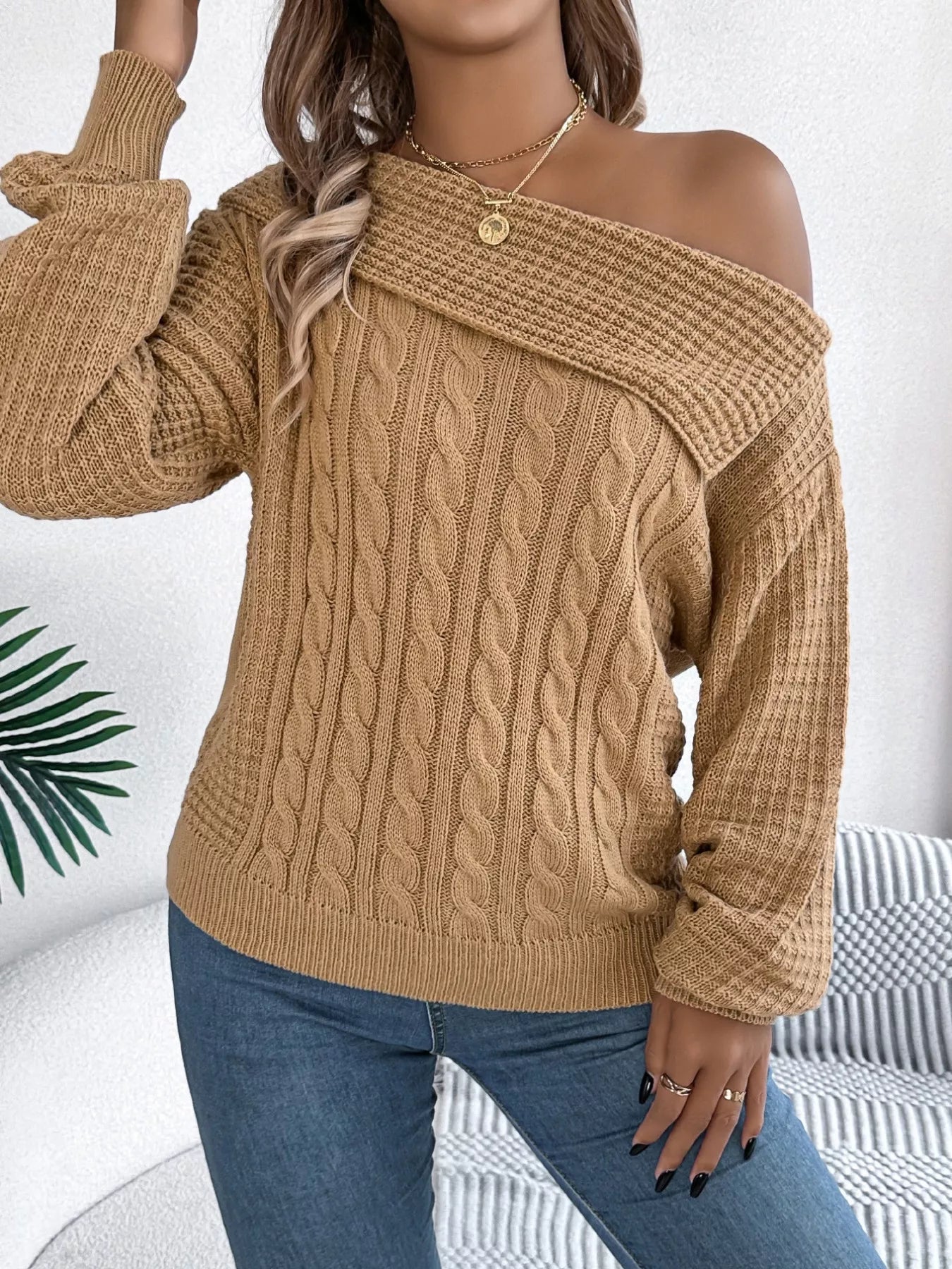 Off - Shoulder Cable Knit Sweater - Flip Flop Dynasty