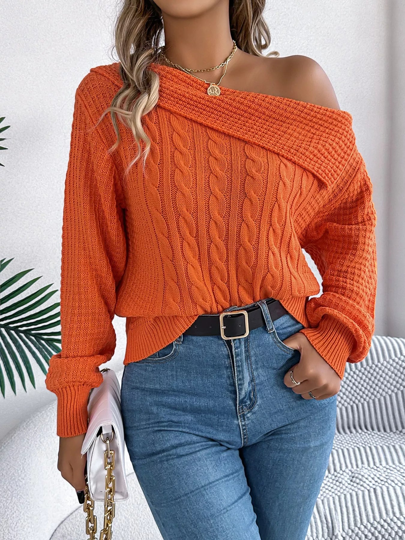 Off - Shoulder Cable Knit Sweater - Flip Flop Dynasty