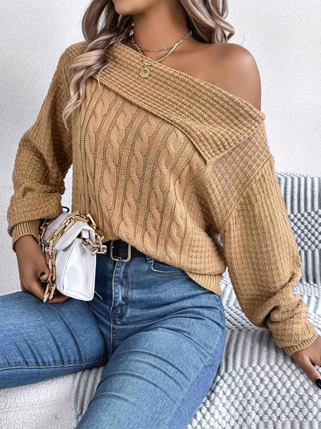 Off - Shoulder Cable Knit Sweater - Flip Flop Dynasty