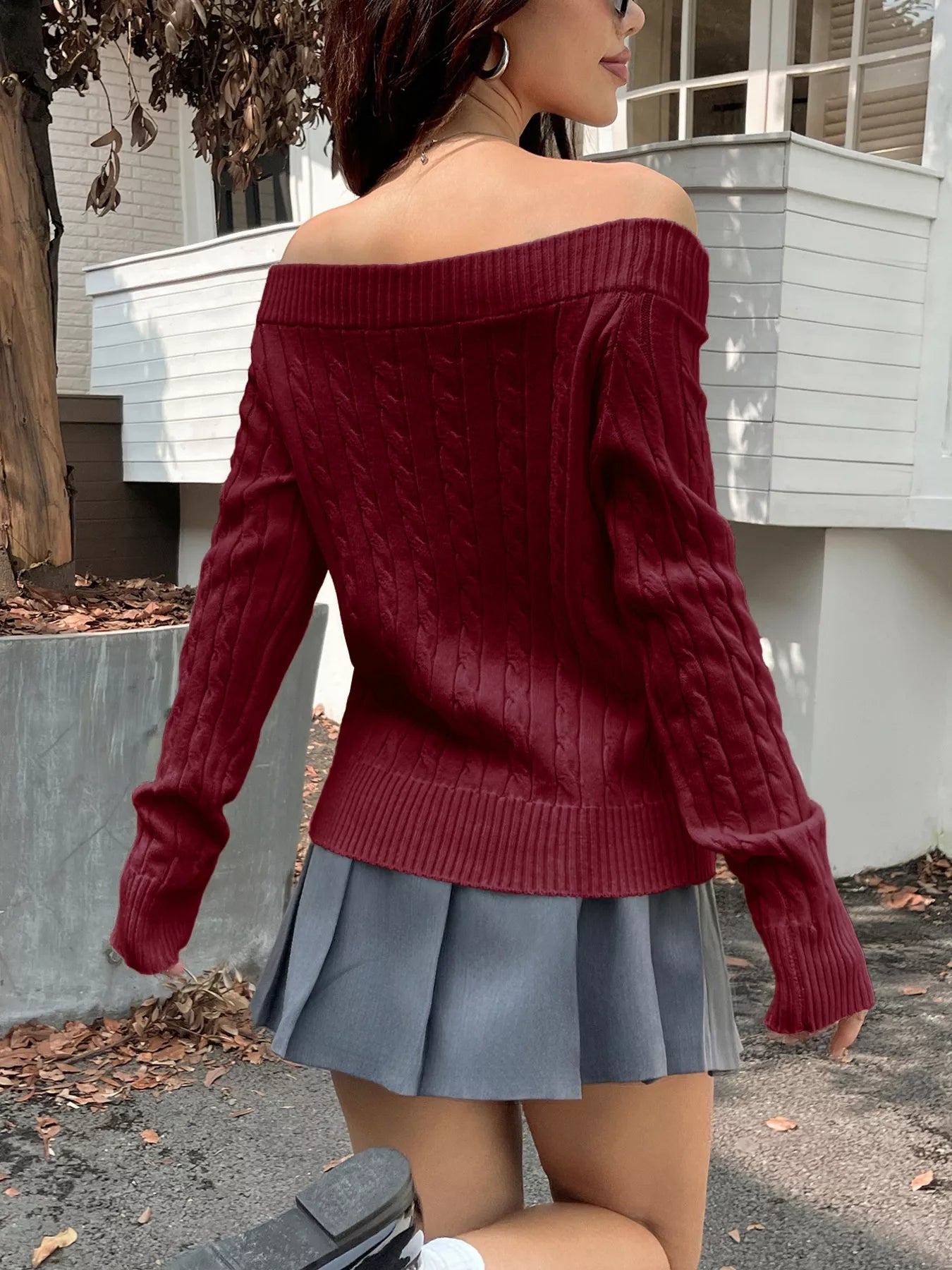 Off - Shoulder Cable Knit Sweater - Flip Flop Dynasty