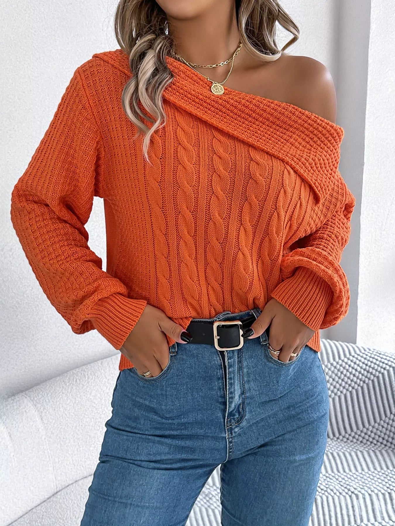 Off - Shoulder Cable Knit Sweater - Flip Flop Dynasty