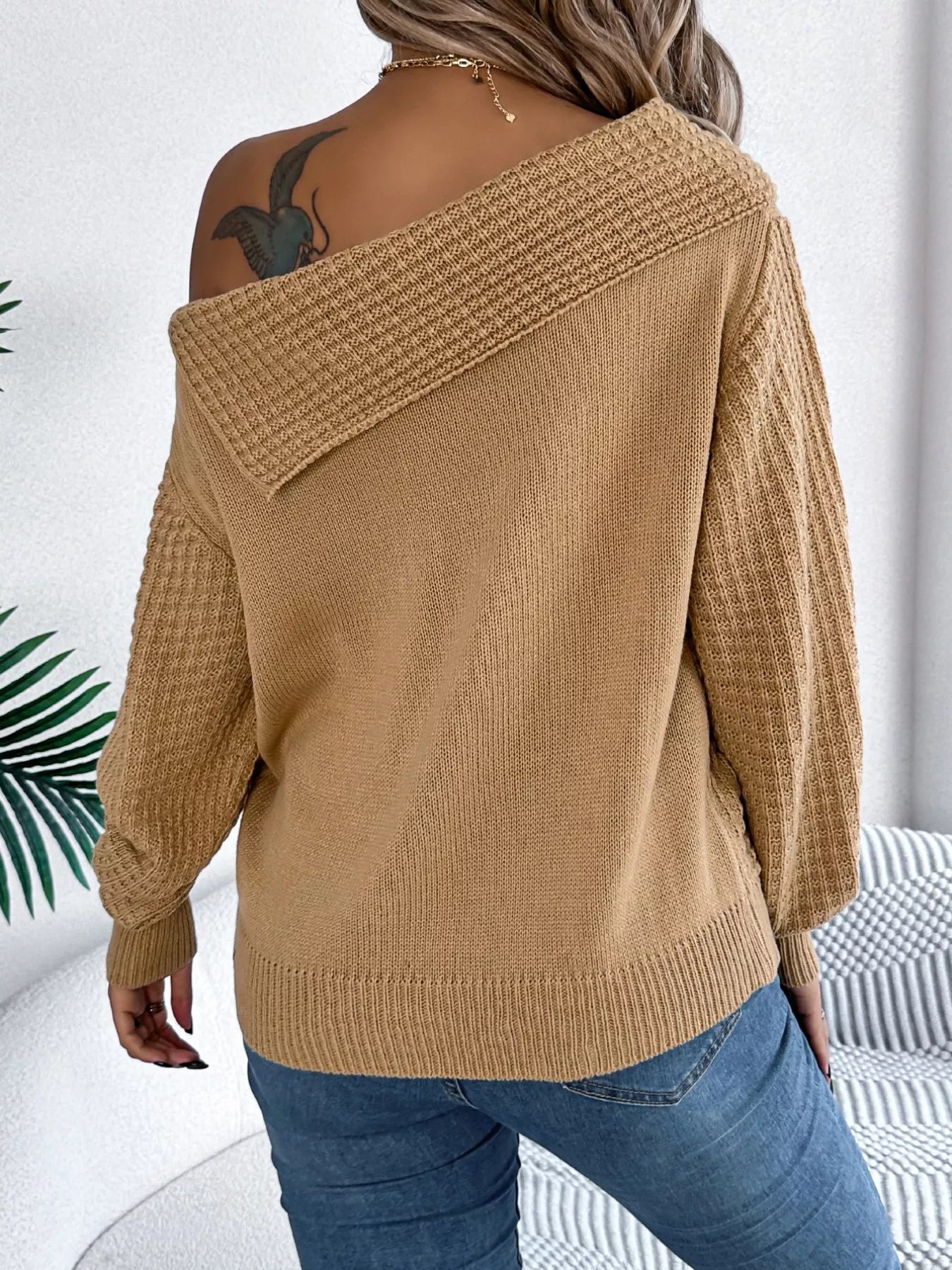 Off - Shoulder Cable Knit Sweater - Flip Flop Dynasty