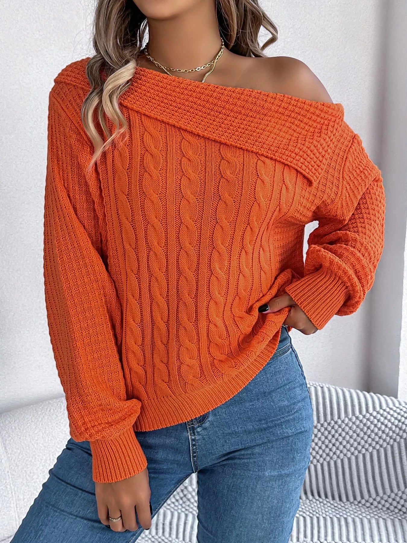 Off - Shoulder Cable Knit Sweater - Flip Flop Dynasty