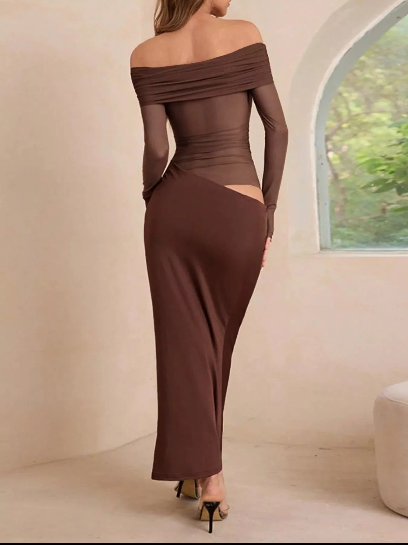 Off - Shoulder Long Sleeve Ruched Bodycon Maxi Dress - Flip Flop Dynasty