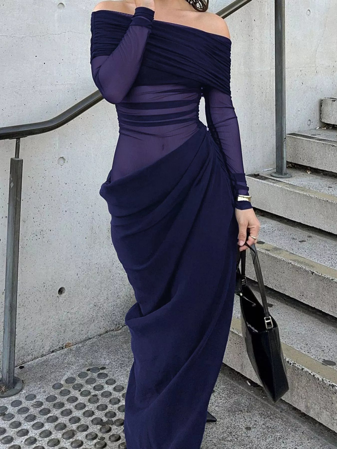 Off - Shoulder Long Sleeve Ruched Bodycon Maxi Dress - Flip Flop Dynasty