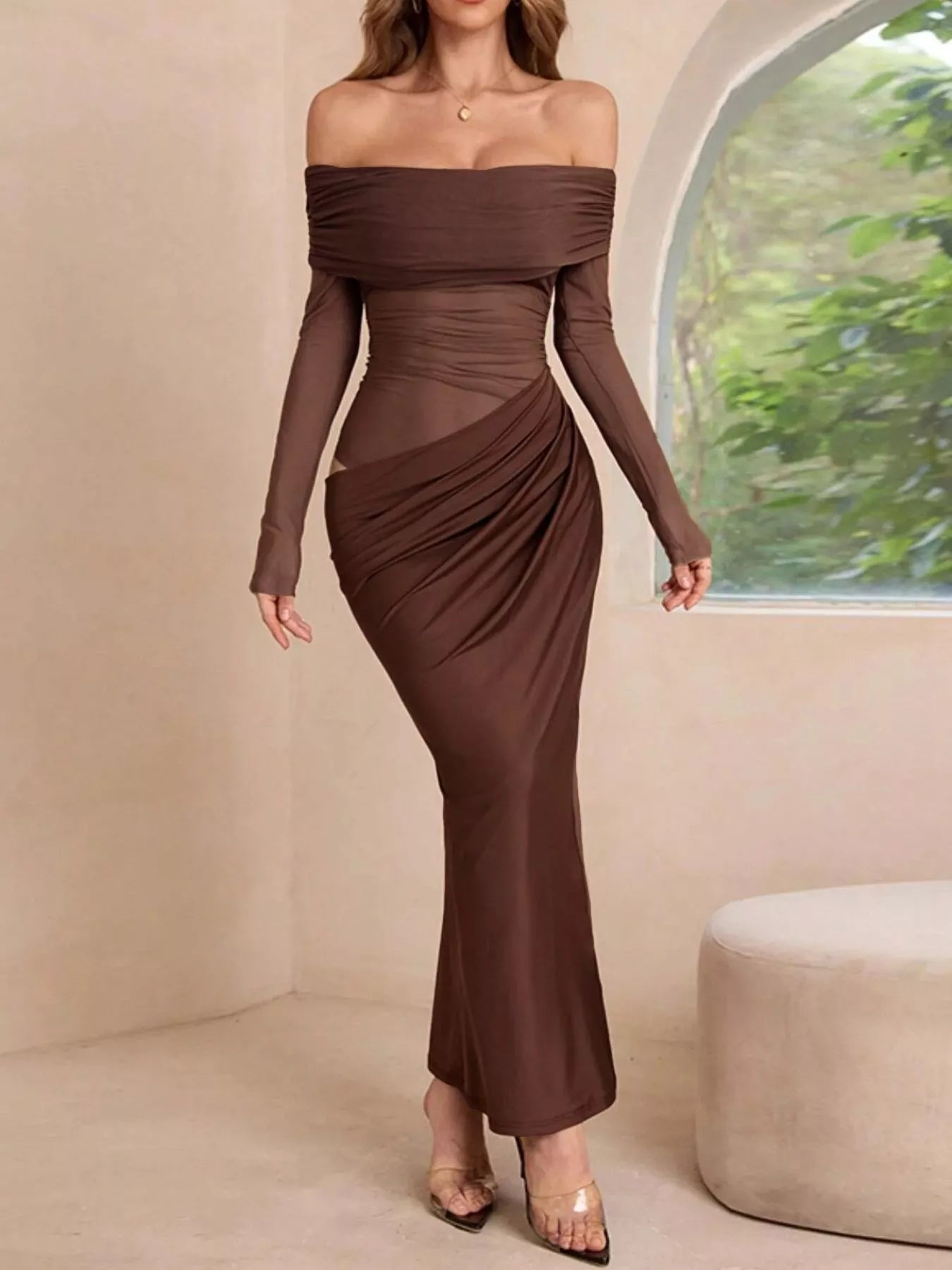 Off - Shoulder Long Sleeve Ruched Bodycon Maxi Dress - Flip Flop Dynasty