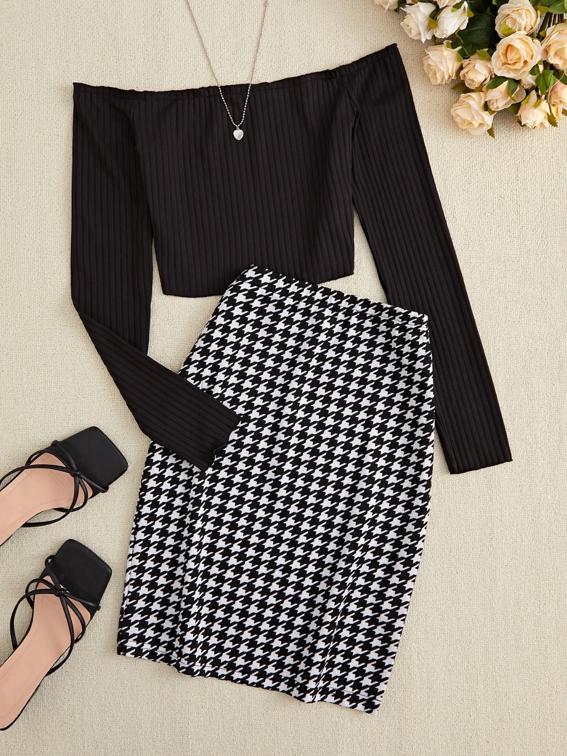 Off - Shoulder Long Sleeve Top and Houndstooth Skirt Set - Flip Flop Dynasty