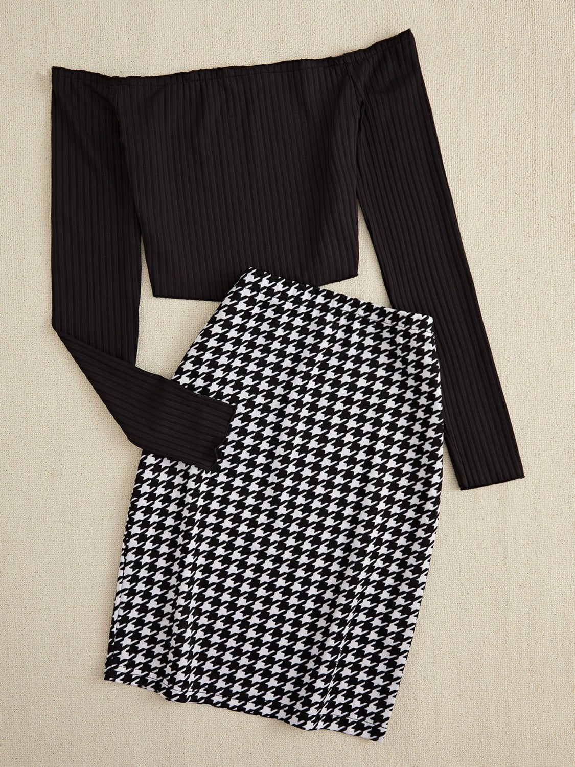 Off - Shoulder Long Sleeve Top and Houndstooth Skirt Set - Flip Flop Dynasty