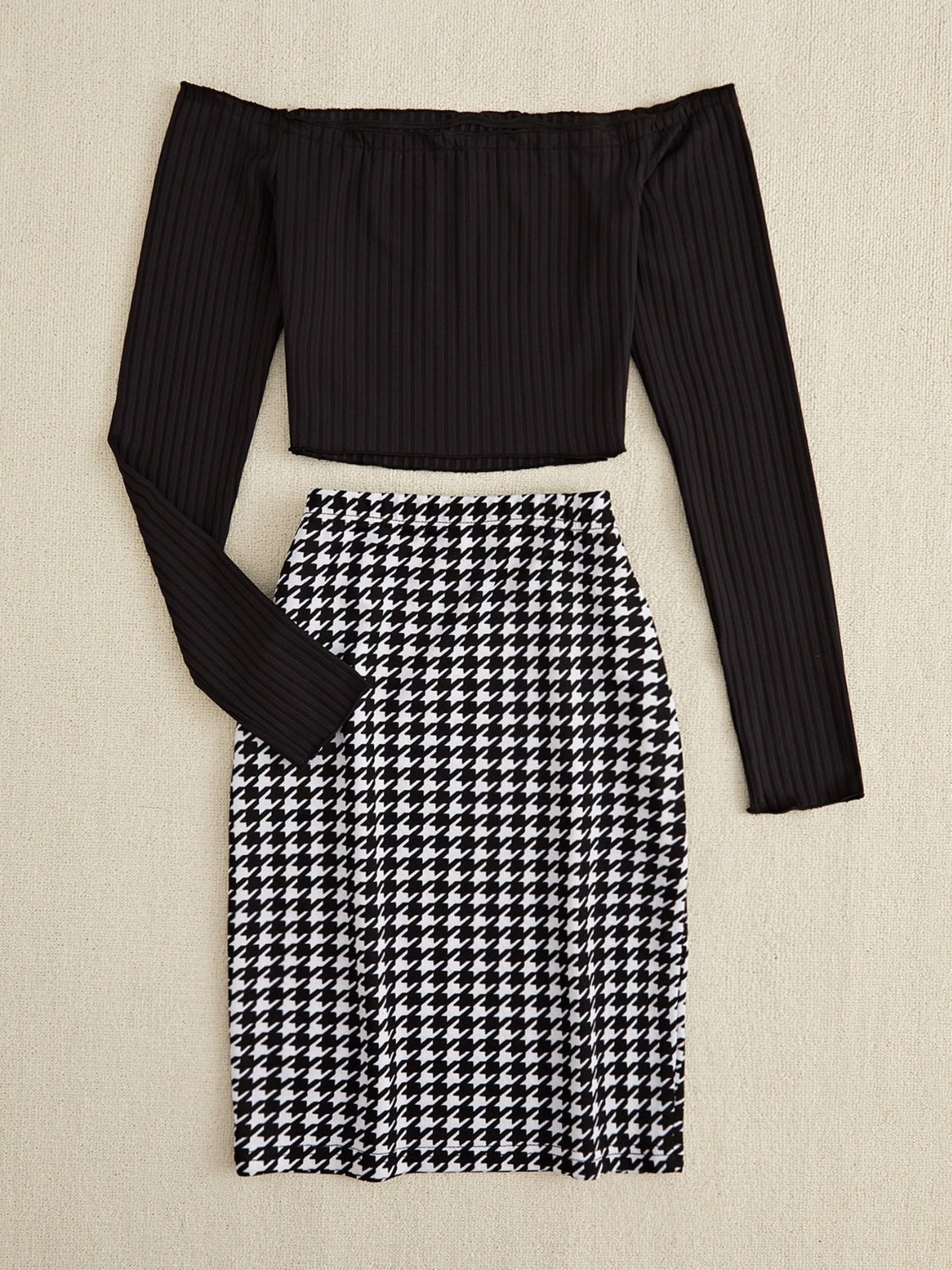 Off - Shoulder Long Sleeve Top and Houndstooth Skirt Set - Flip Flop Dynasty