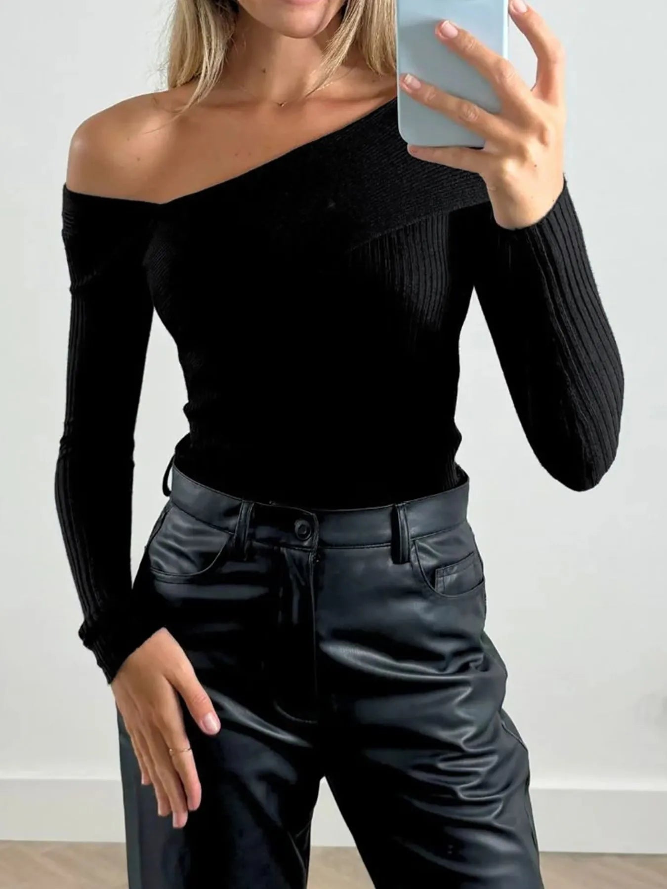 Off - Shoulder Ribbed Knit Top - Flip Flop Dynasty