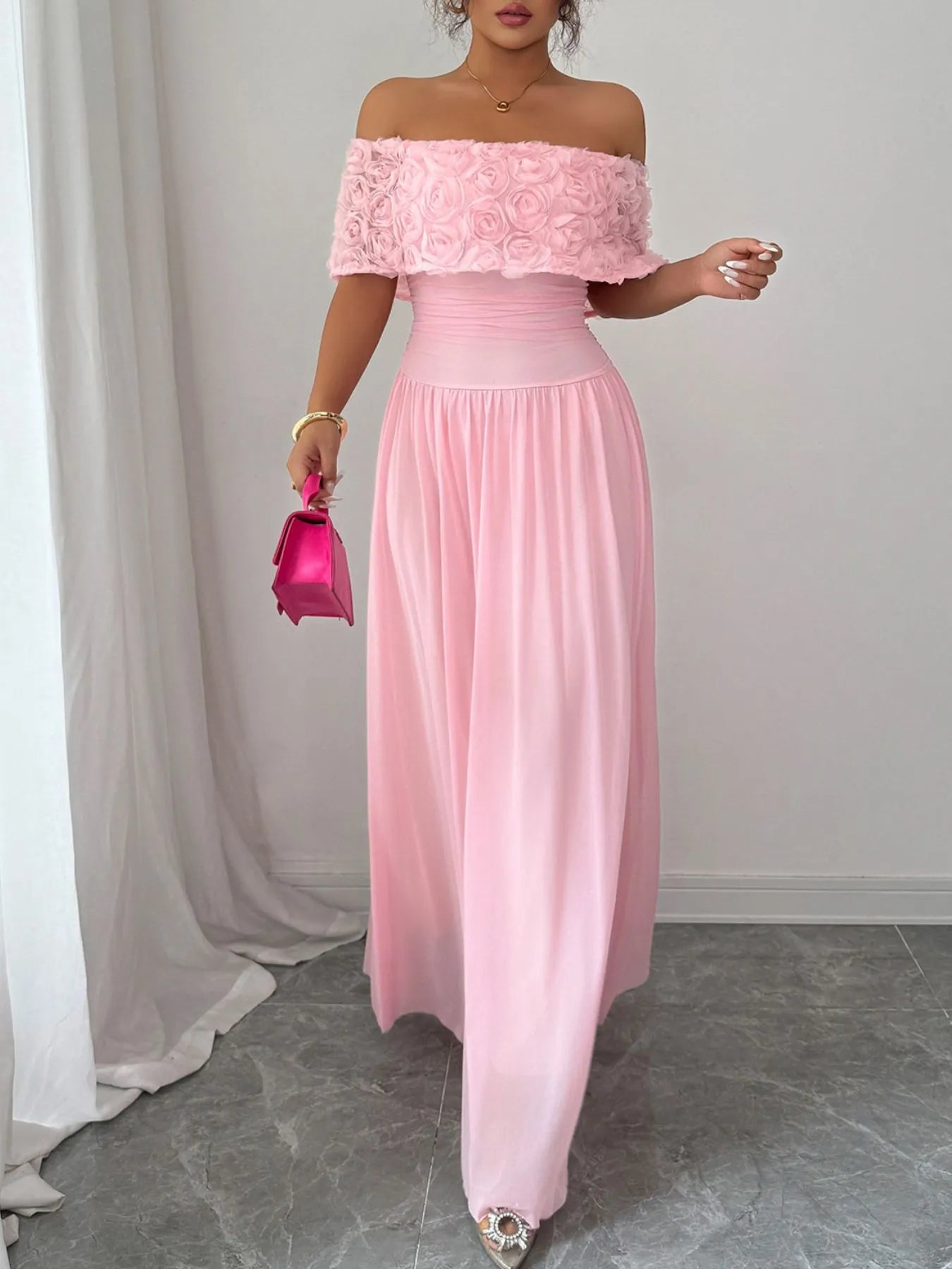 Off - Shoulder Rose Embellished Maxi Dress - Flip Flop Dynasty