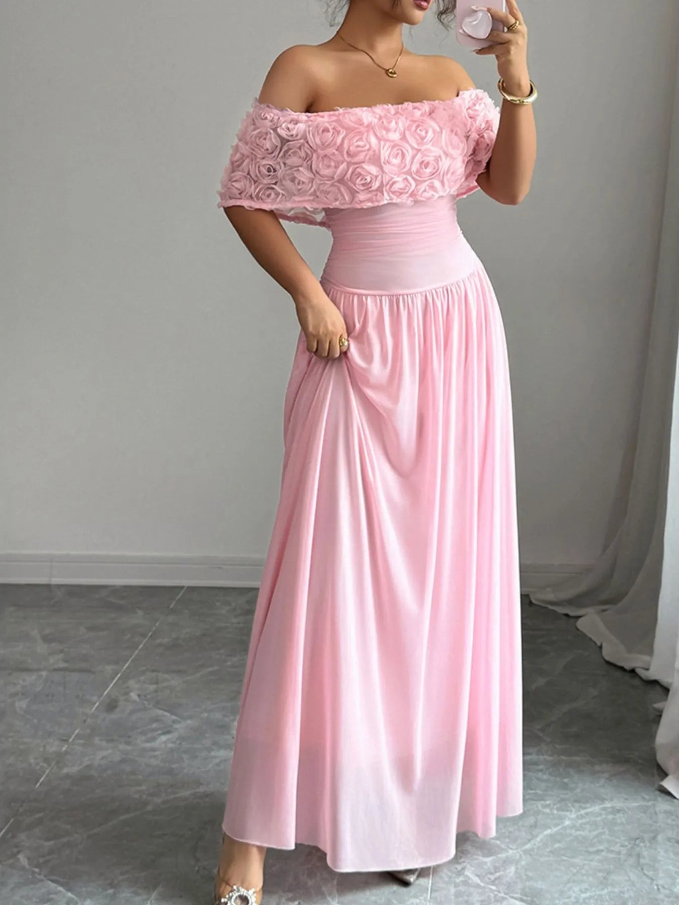 Off - Shoulder Rose Embellished Maxi Dress - Flip Flop Dynasty