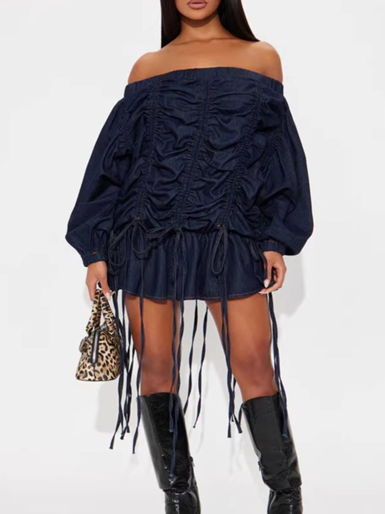 Off-Shoulder Ruched Denim Dress - Flip Flop Dynasty