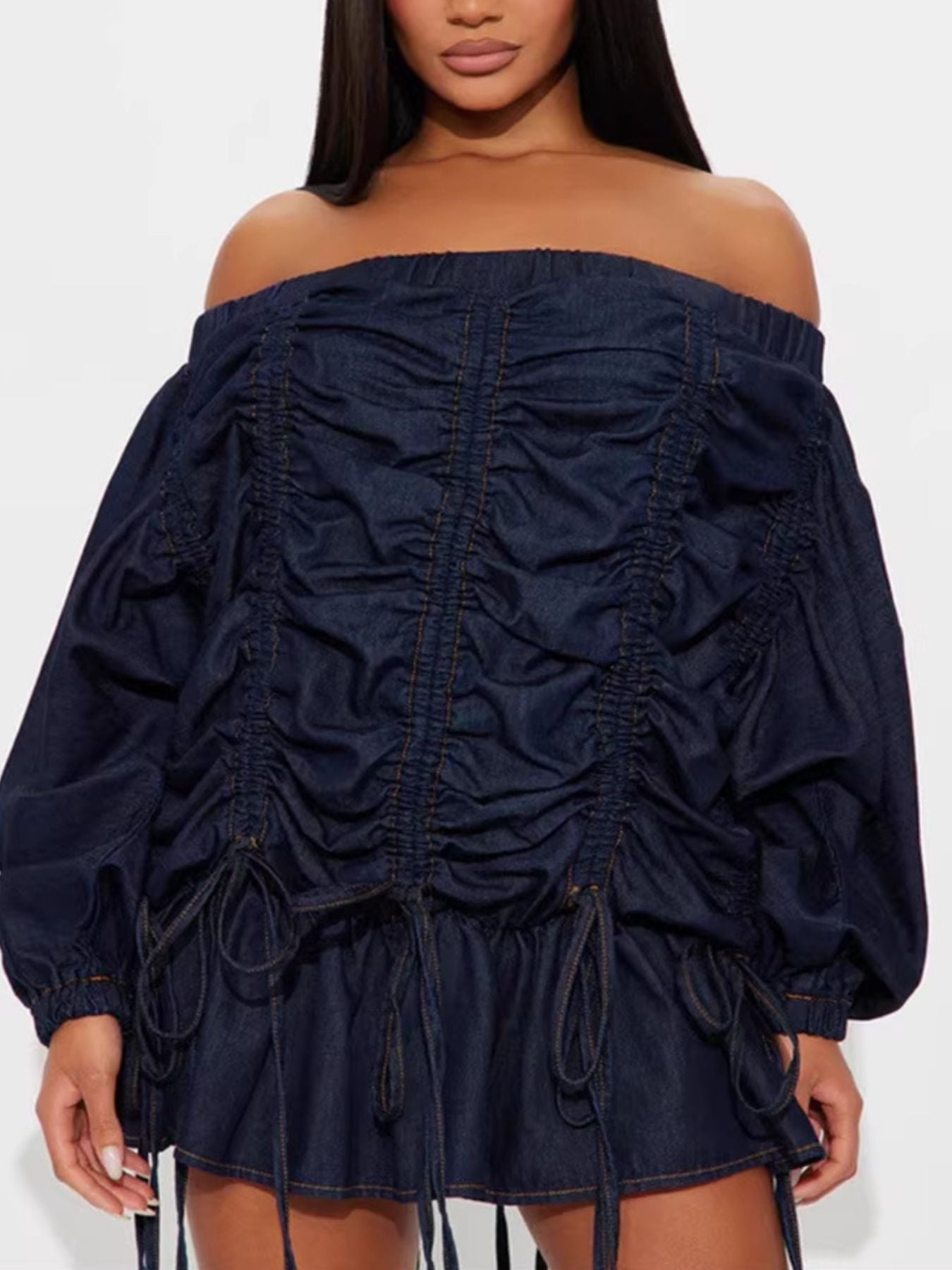 Off-Shoulder Ruched Denim Dress - Flip Flop Dynasty