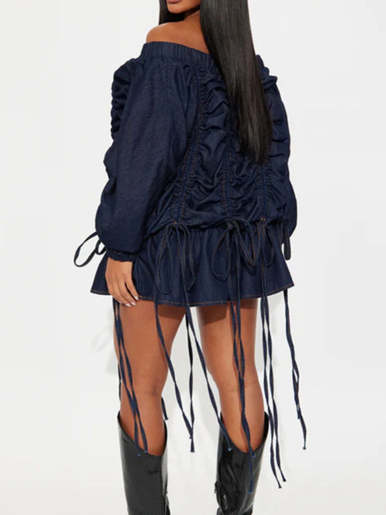 Off-Shoulder Ruched Denim Dress - Flip Flop Dynasty