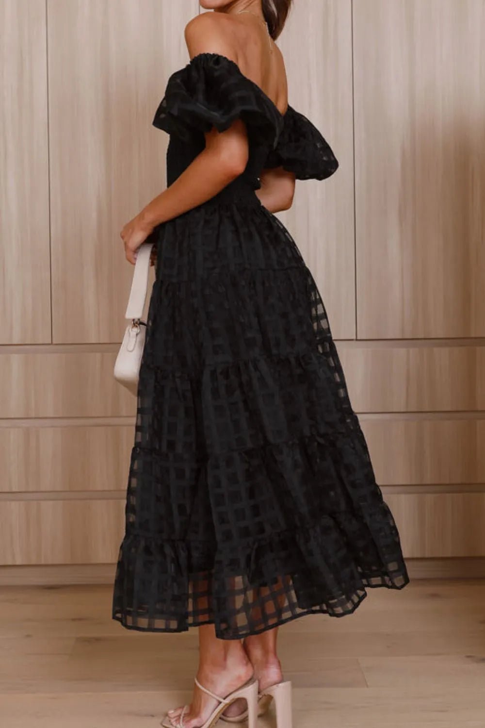 Off Shoulder Short Puff Sleeve Midi Dress - Flip Flop Dynasty