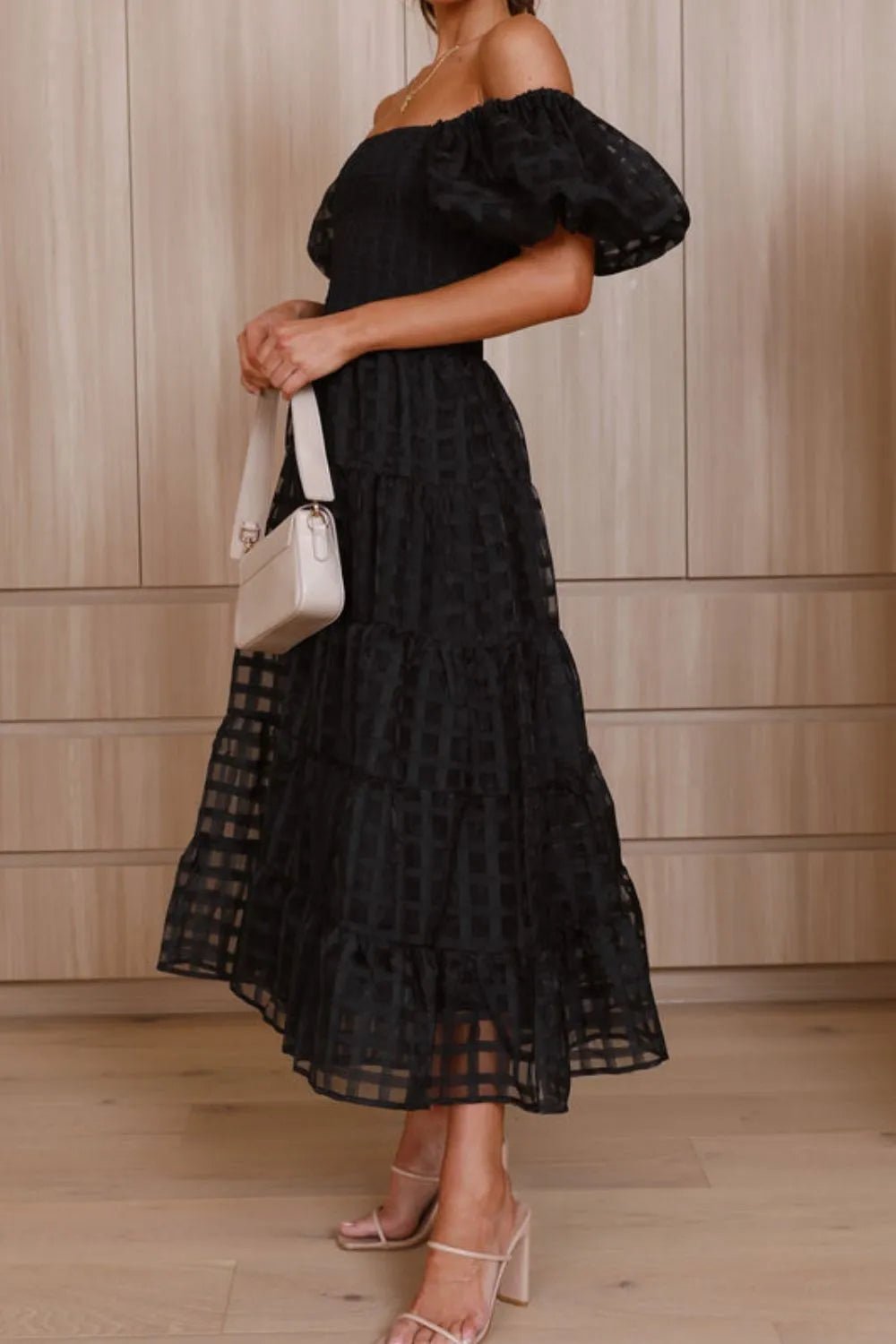 Off Shoulder Short Puff Sleeve Midi Dress - Flip Flop Dynasty