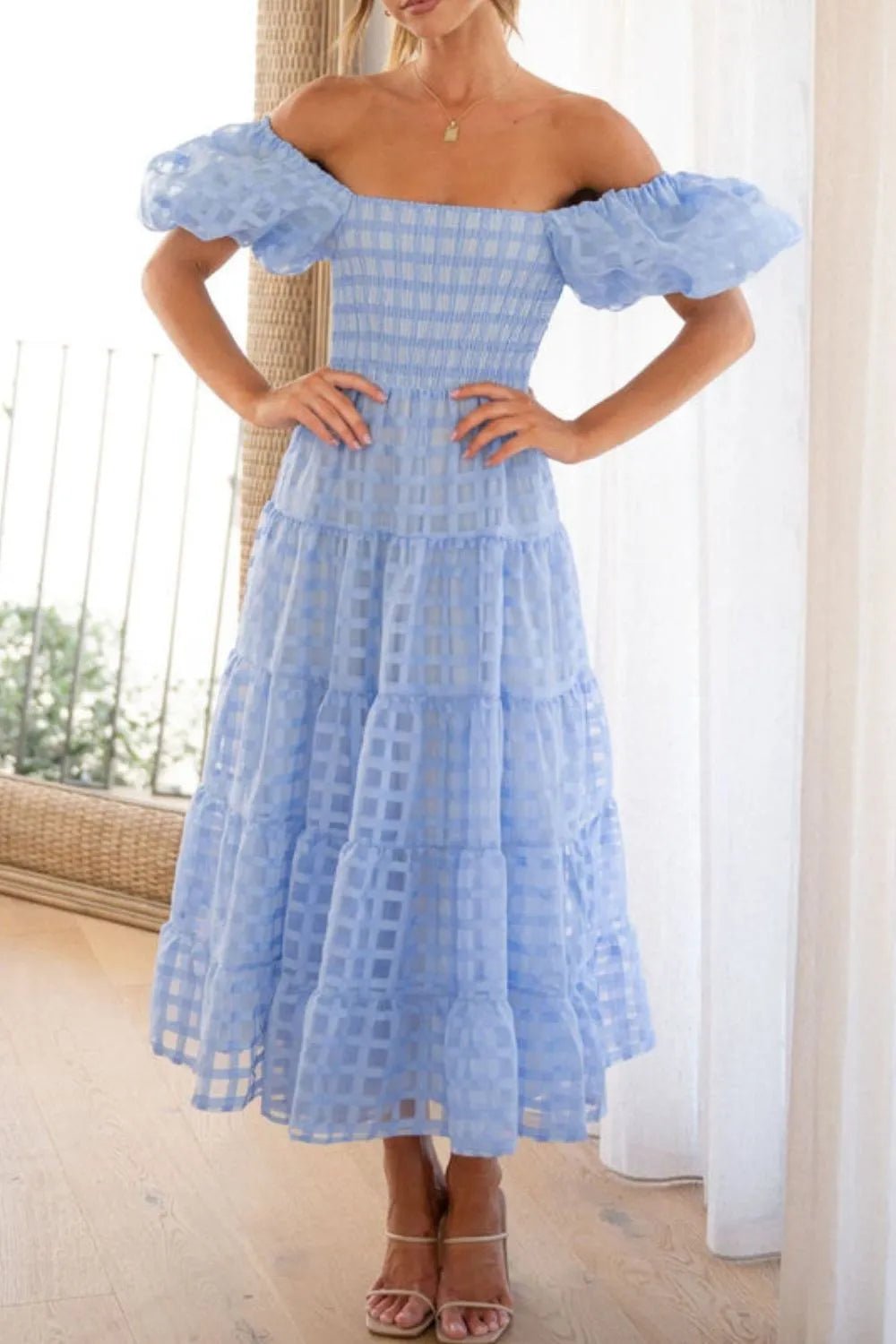 Off Shoulder Short Puff Sleeve Midi Dress - Flip Flop Dynasty