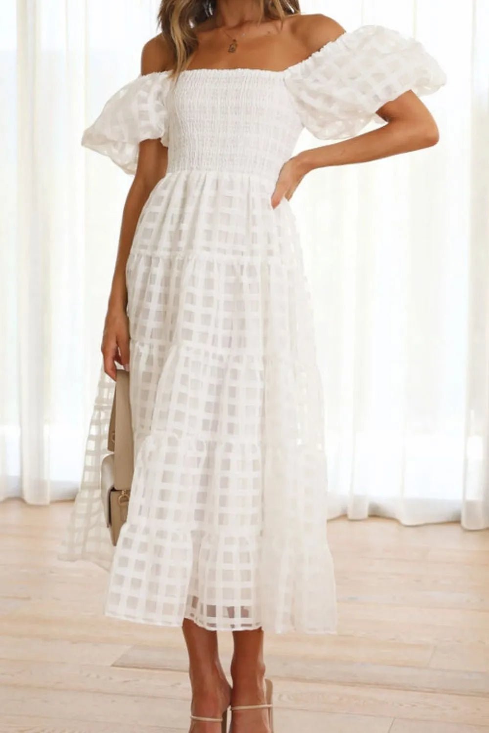 Off Shoulder Short Puff Sleeve Midi Dress - Flip Flop Dynasty