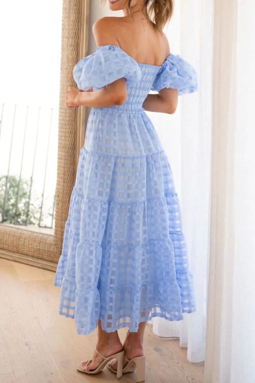Off Shoulder Short Puff Sleeve Midi Dress - Flip Flop Dynasty
