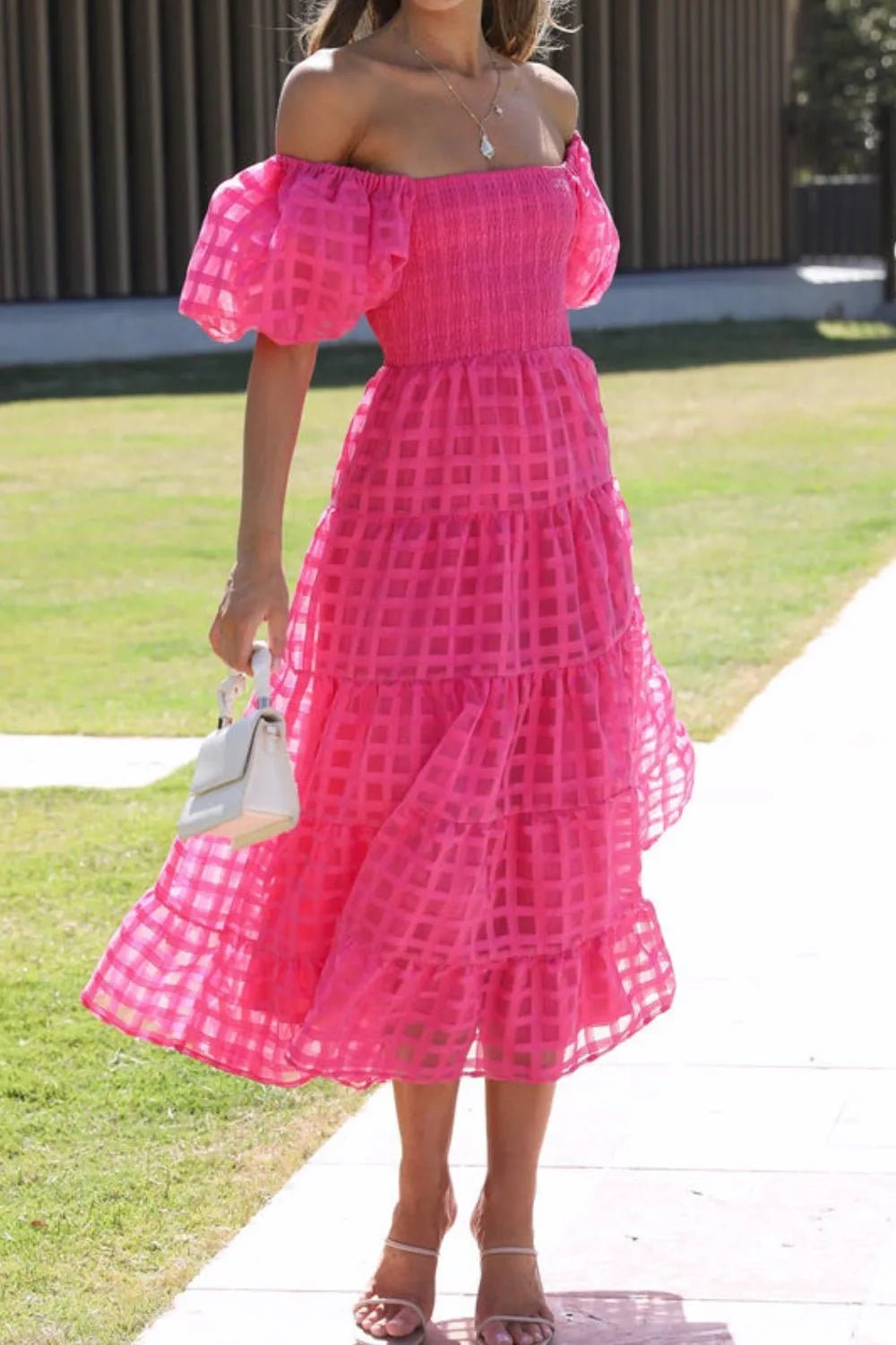Off Shoulder Short Puff Sleeve Midi Dress - Flip Flop Dynasty