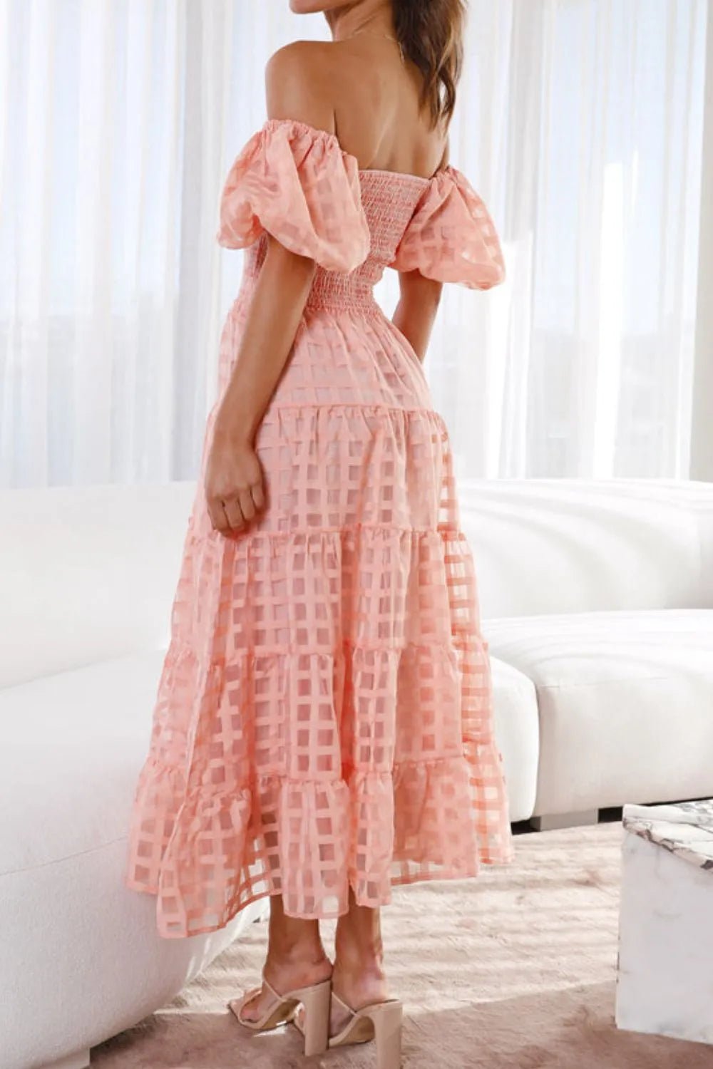 Off Shoulder Short Puff Sleeve Midi Dress - Flip Flop Dynasty