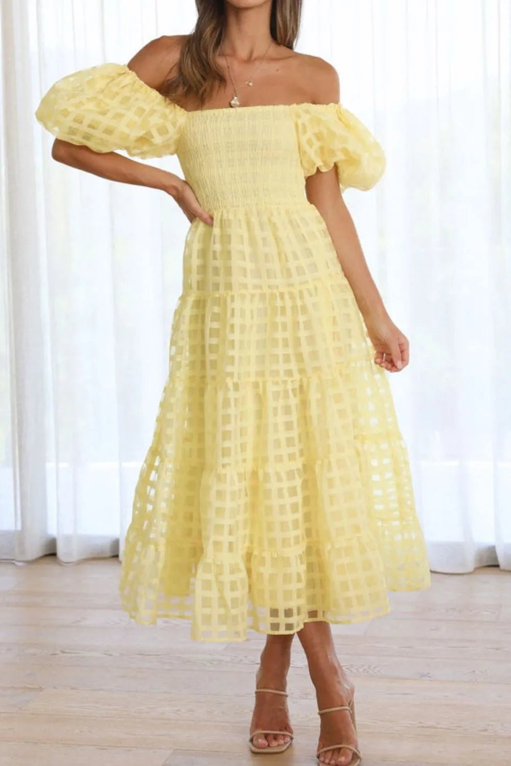 Off Shoulder Short Puff Sleeve Midi Dress - Flip Flop Dynasty