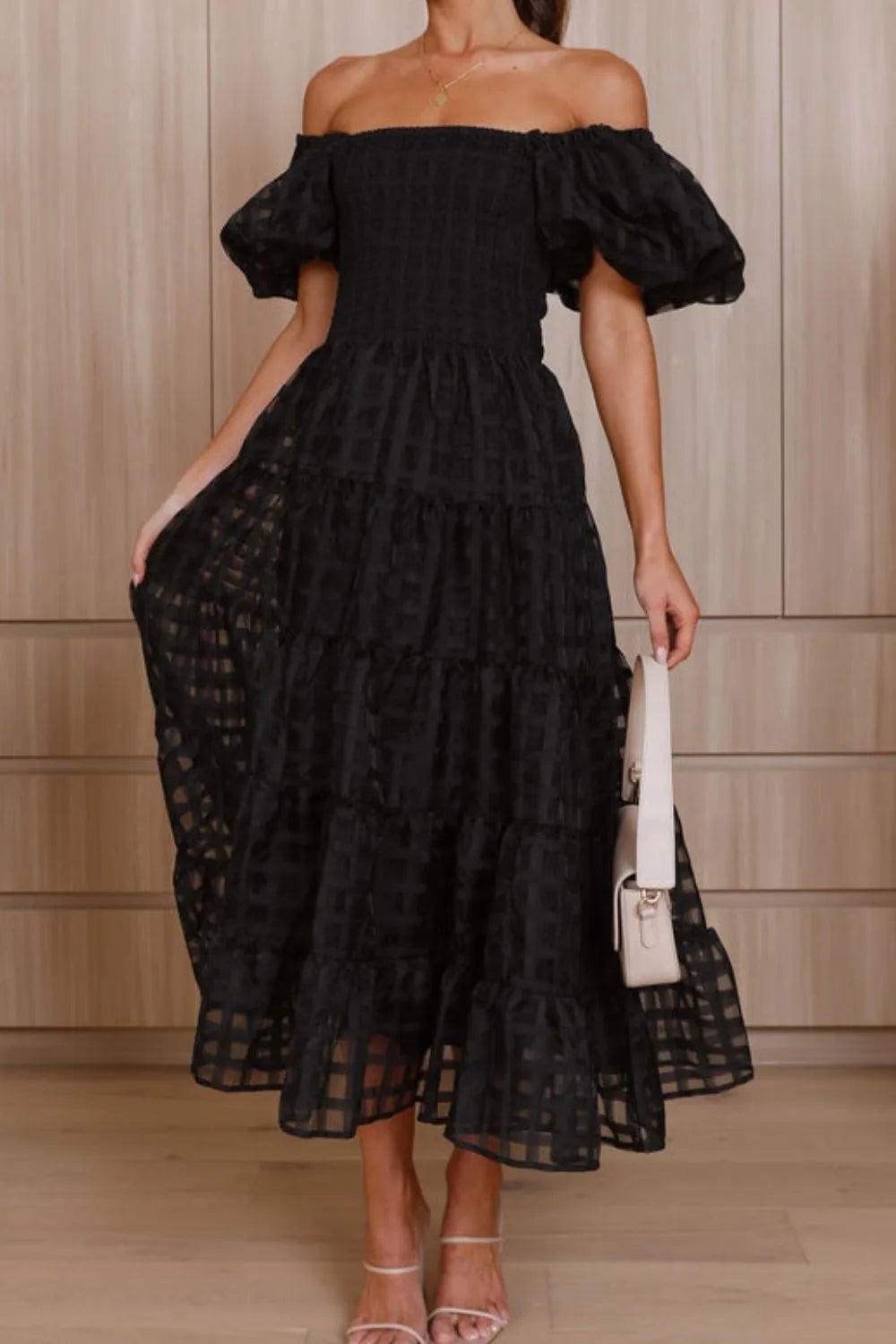 Off Shoulder Short Puff Sleeve Midi Dress - Flip Flop Dynasty