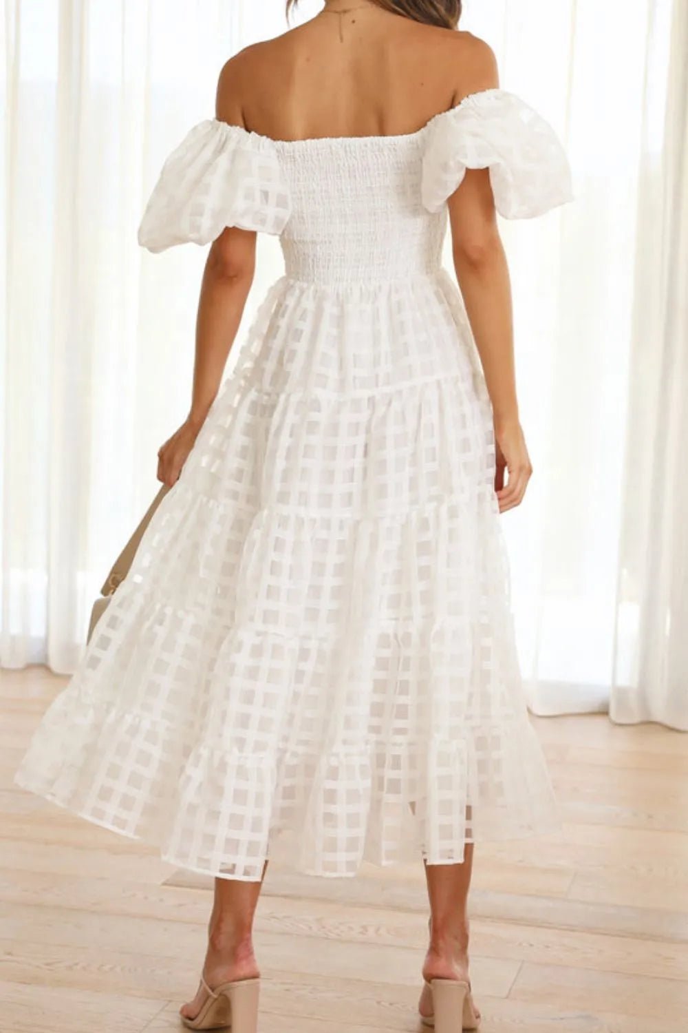 Off Shoulder Short Puff Sleeve Midi Dress - Flip Flop Dynasty