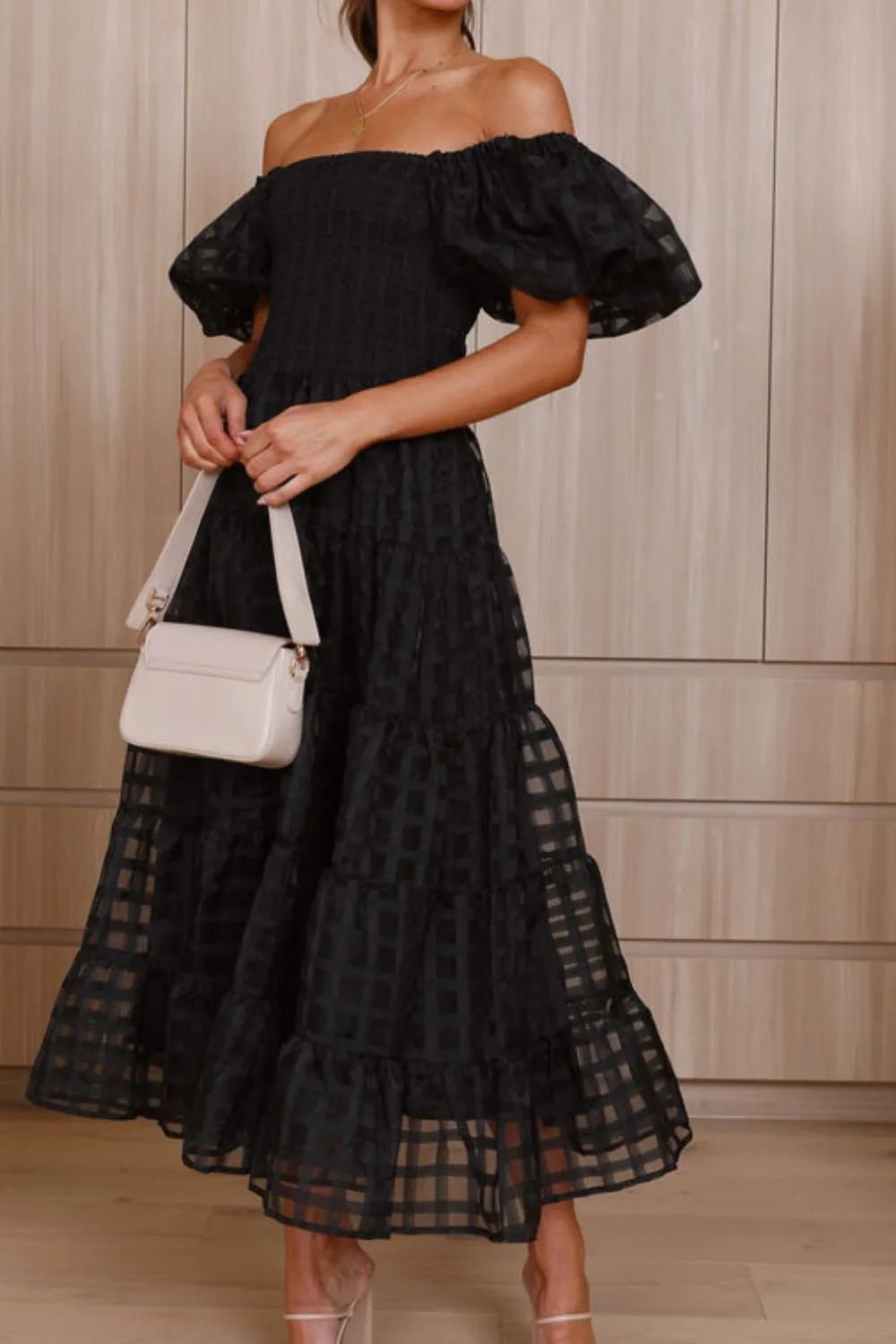 Off Shoulder Short Puff Sleeve Midi Dress - Flip Flop Dynasty